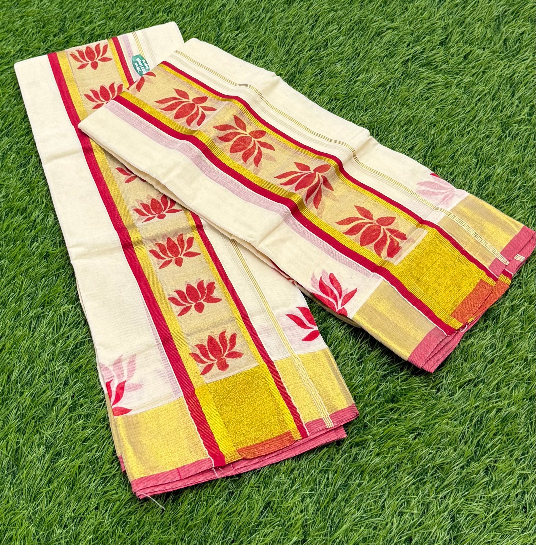 KASAVU COTTON FANCY SINGLE SET MUNDU (MUNDUM NERIYATHUM) - 2 X 2.80 MTRS - (OFF WHITE)