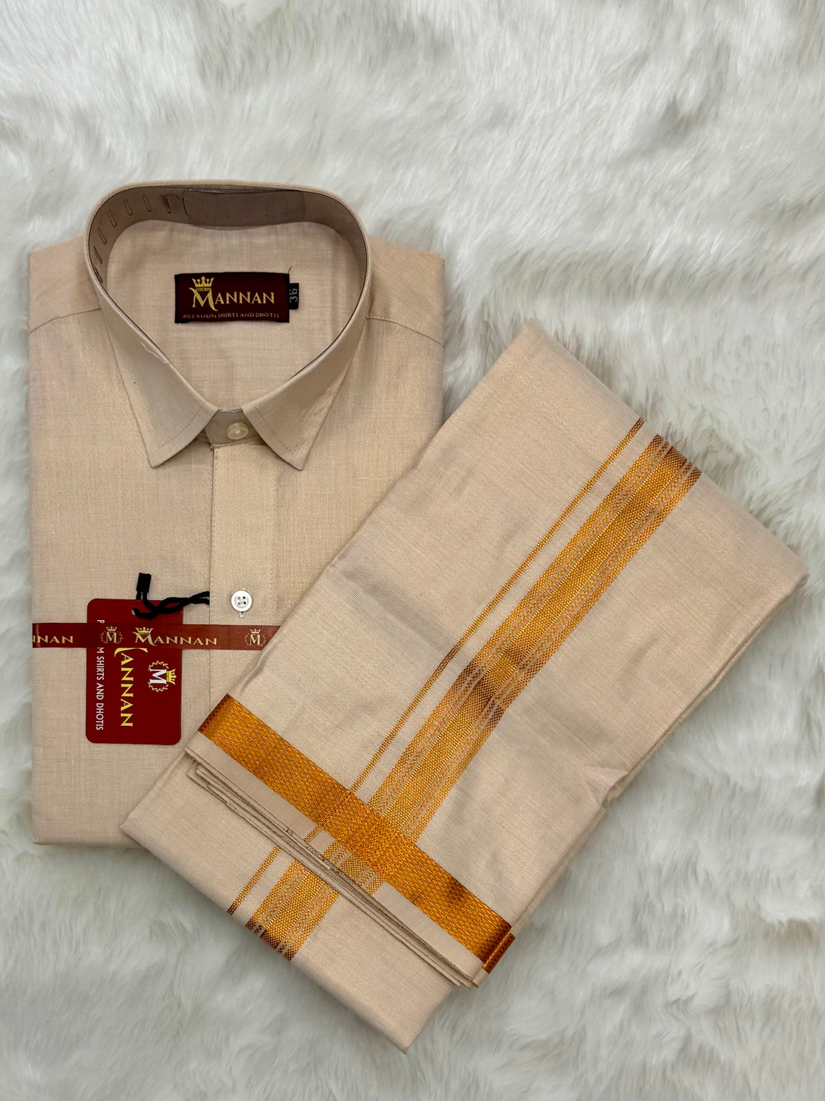 MEN'S PREMIUM TISSUE SINGLE DHOTI & SHIRT SET - COPPER