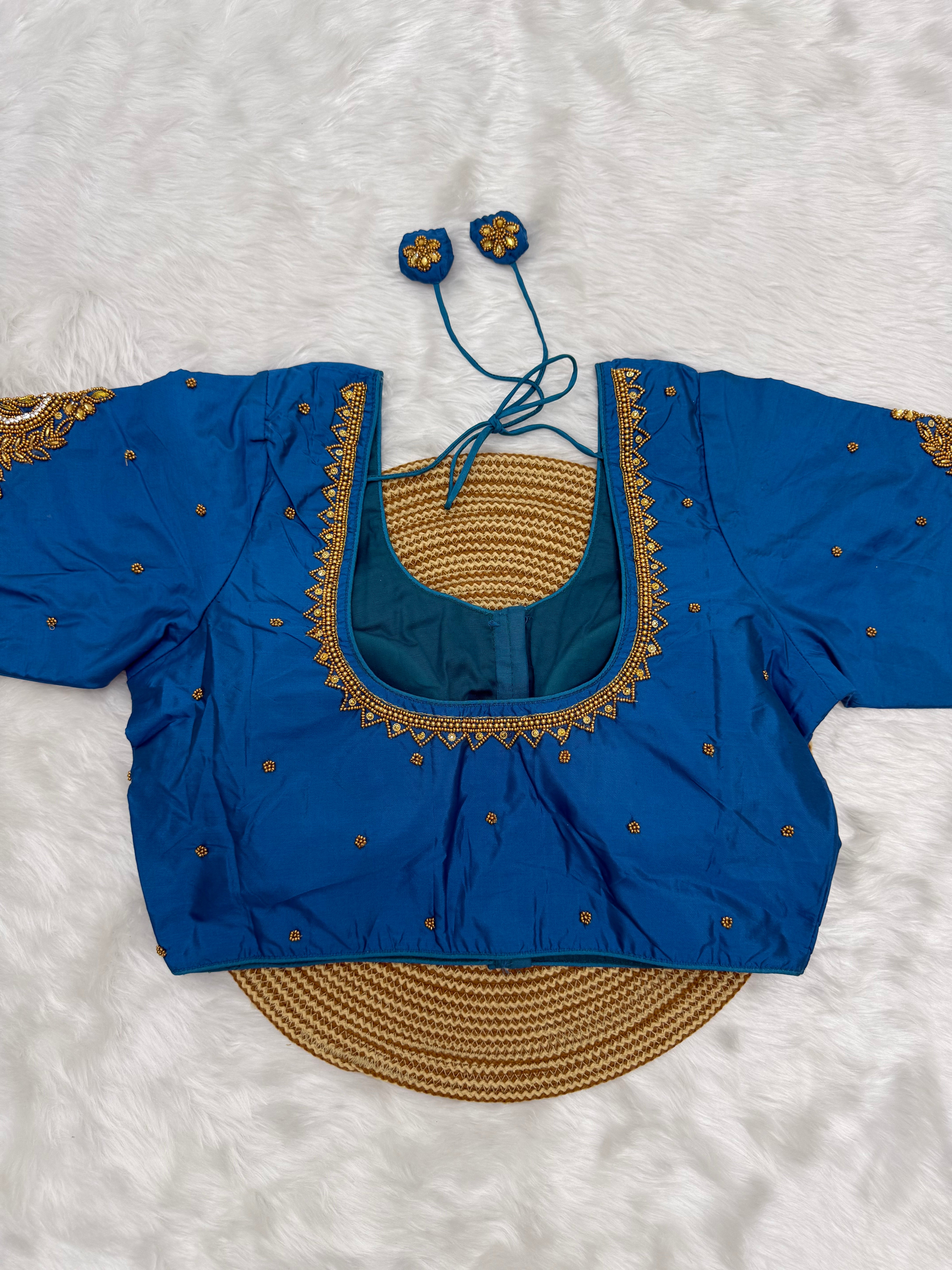 BRIDAL AARI WORK READY TO WEAR SAREE BLOUSE - TEAL BLUE