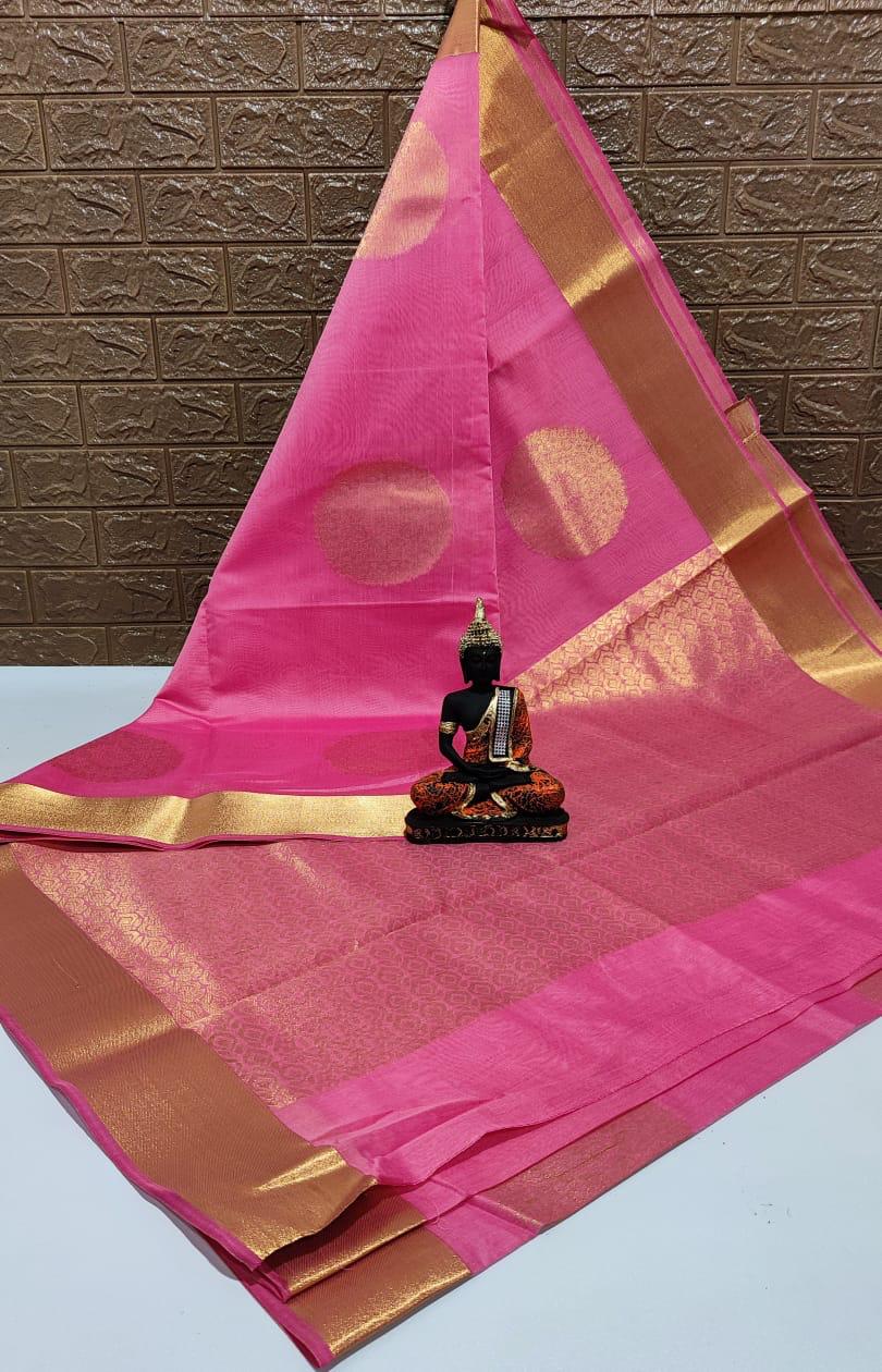 KANCHIPURAM HANDLOOM SILK COTTON SAREE - ROSE PINK