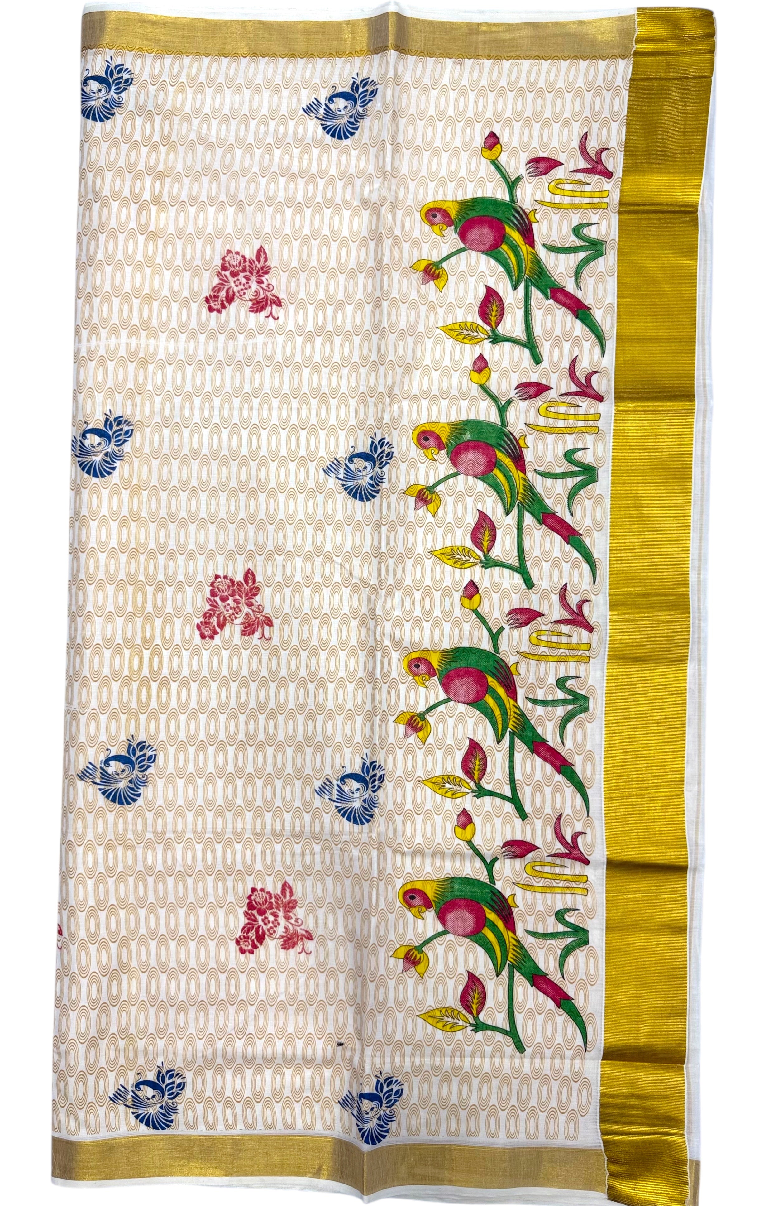 PARROT PRINTED KASAVU COTTON SAREE(GOLD)