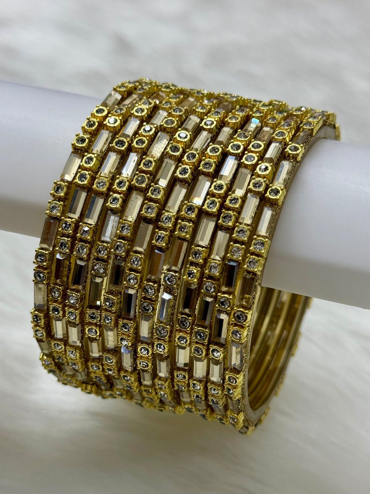 CHAMPAGNE GOLD CRYSTAL STONE STUDDED GLASS BANGLES PACK OF 12