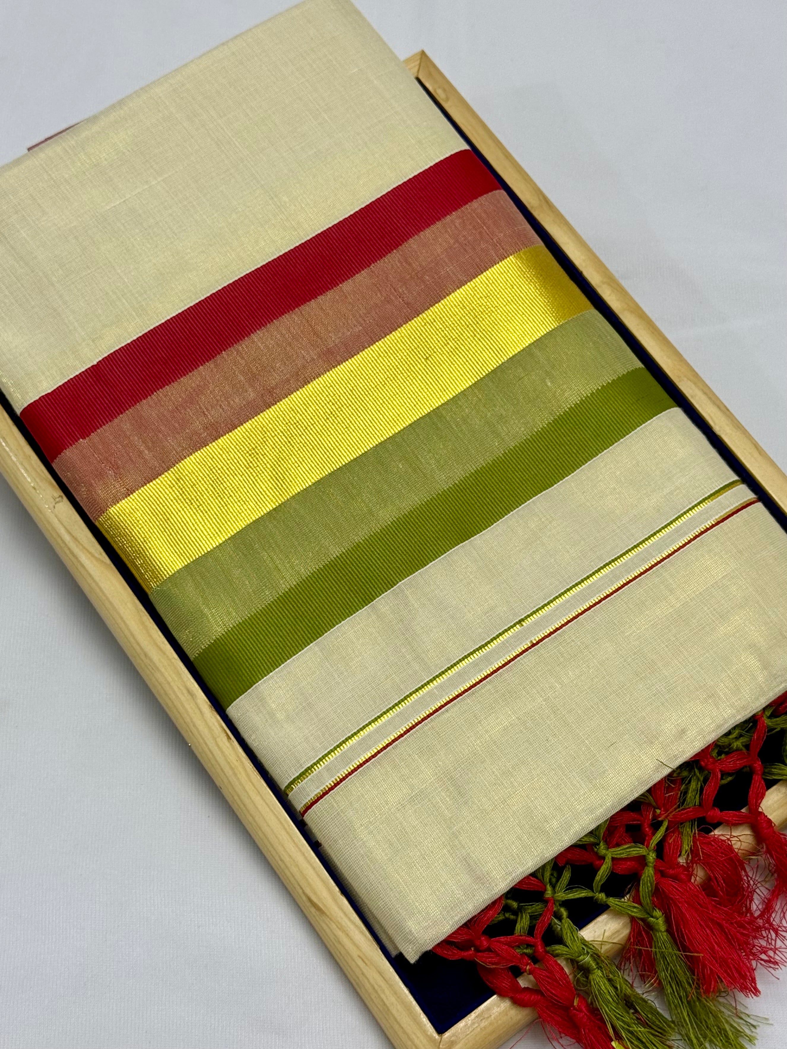 MULTI COLOUR STRIPES GOLDEN KASAVU TISSUE SAREE - (CREAM,GOLD)