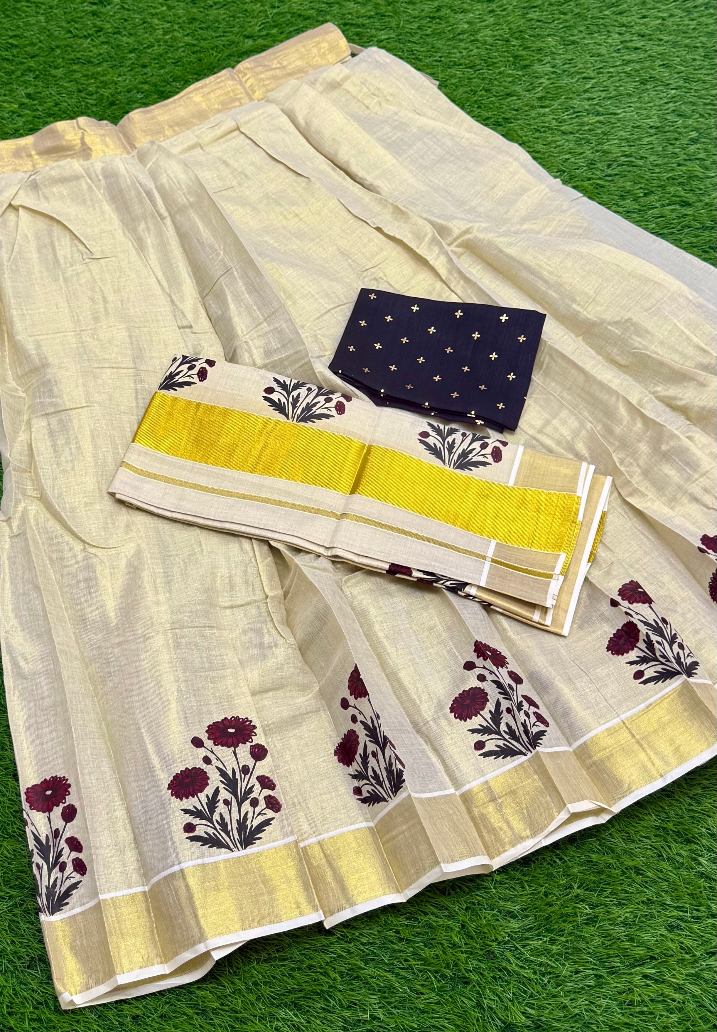 TRADITIONAL ONAM SPECIAL KERALA KASAVU DHAVANI SET - BLACK