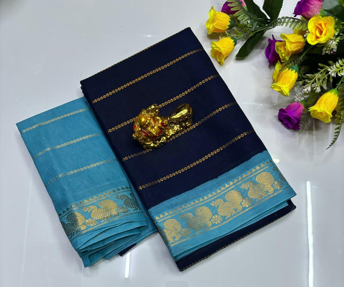 MADURAI VELTHARI SUNGUDI COTTON SAREES - NAVY BLUE