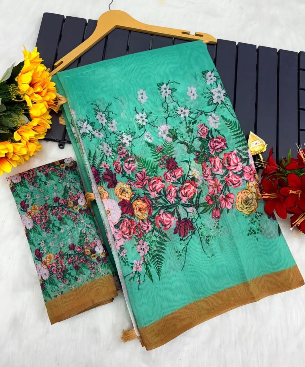 DIGITAL DESIGN CHANDERI SILK SAREE - SEAFOAM GREEN