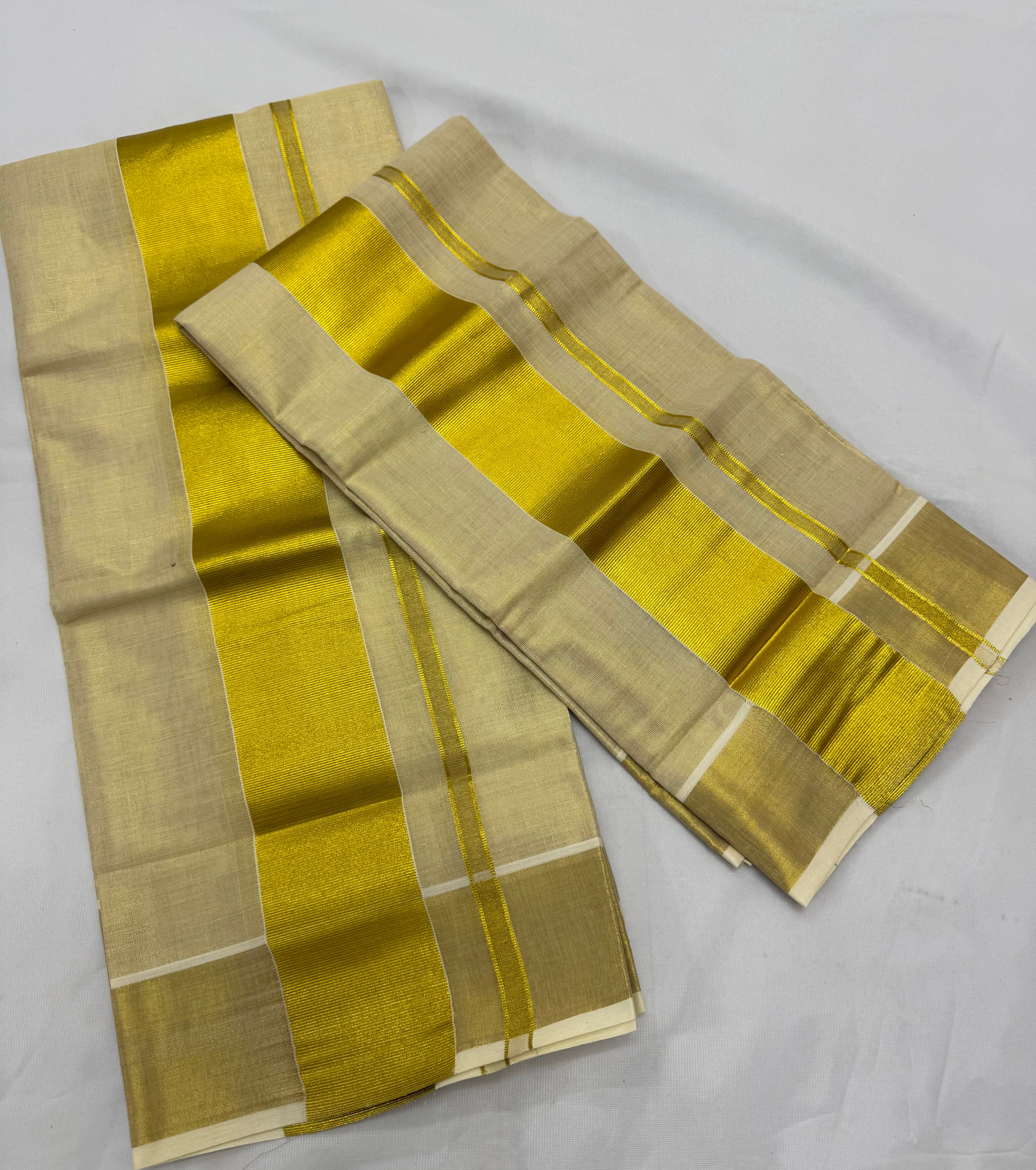 PREMIUM TISSUE SINGLE SET MUNDU (MUNDUM NERIYATHUM) - 2 X 2.80 MTRS - (CREAM,GOLD)
