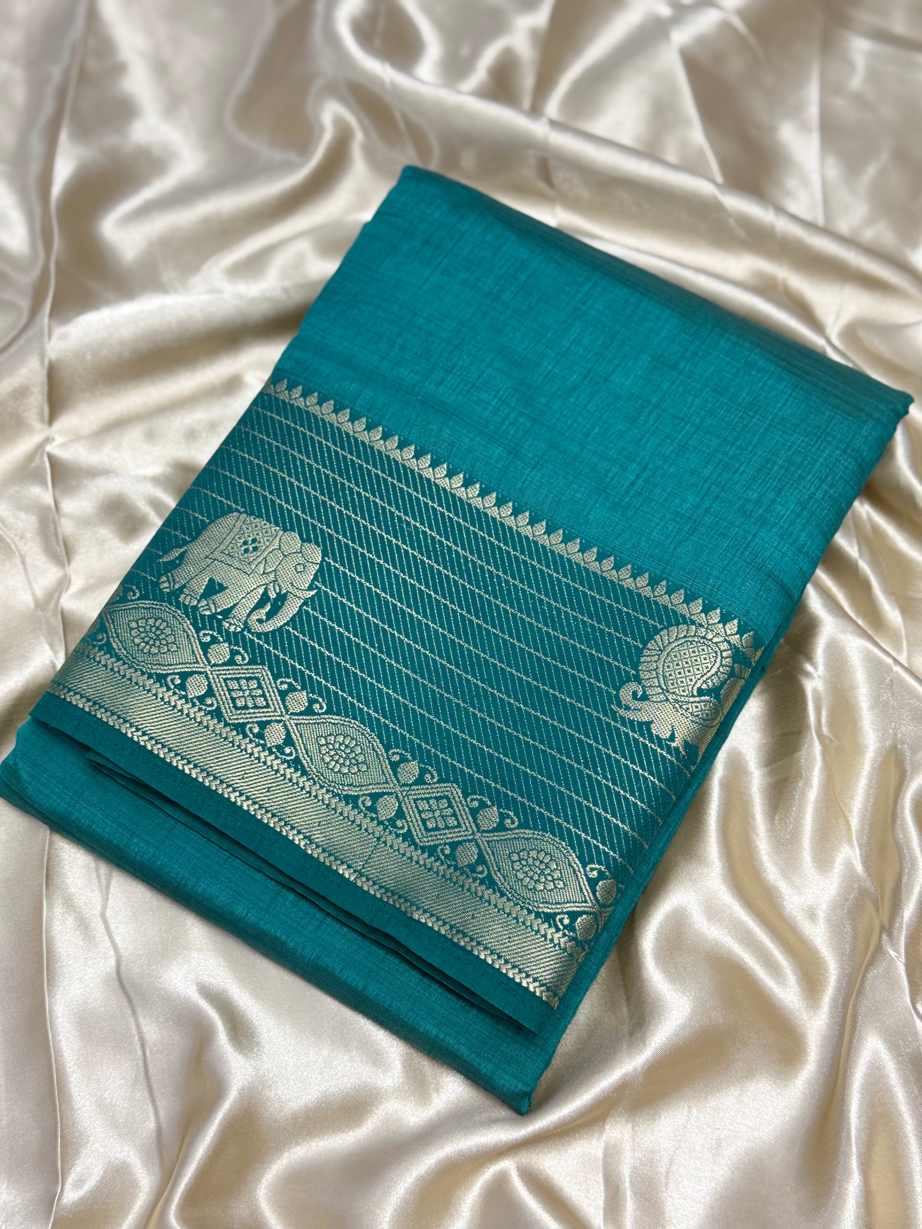 RAW SILK SAREE WITH BENTEX KALAMKARI BORDER - TEAL GREEN