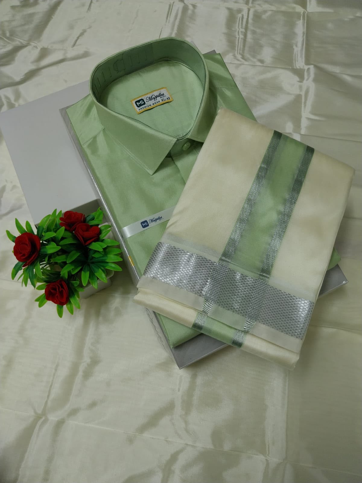 MEN'S PREMIUM SILK SHIRT & CREAM VELCRO DHOTI SET - LIGHT PISTA GREEN
