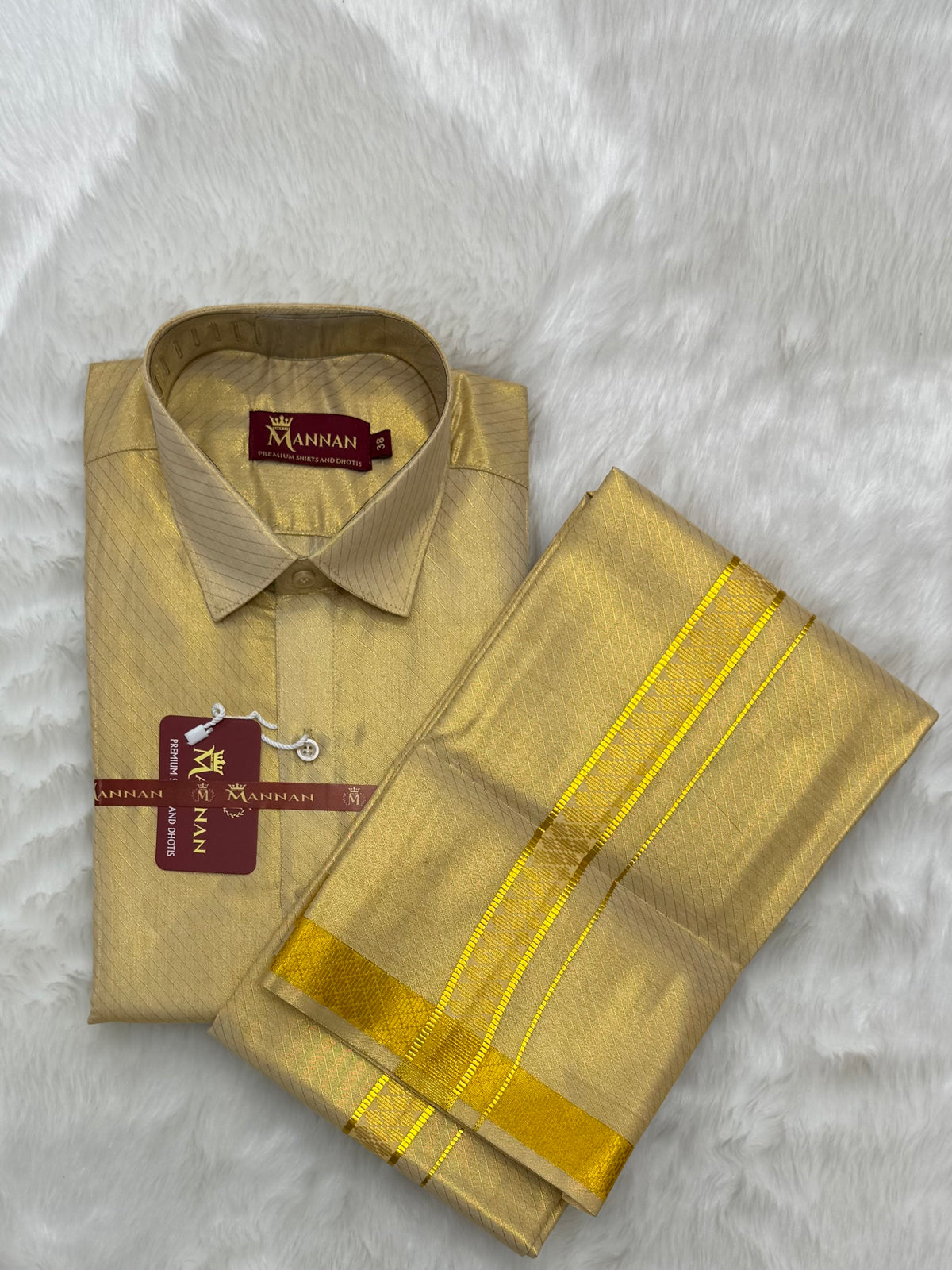 MEN'S PREMIUM FULL JARI STRIPE TISSUE GOLD SINGLE DHOTI & SHIRT SET - CREAM