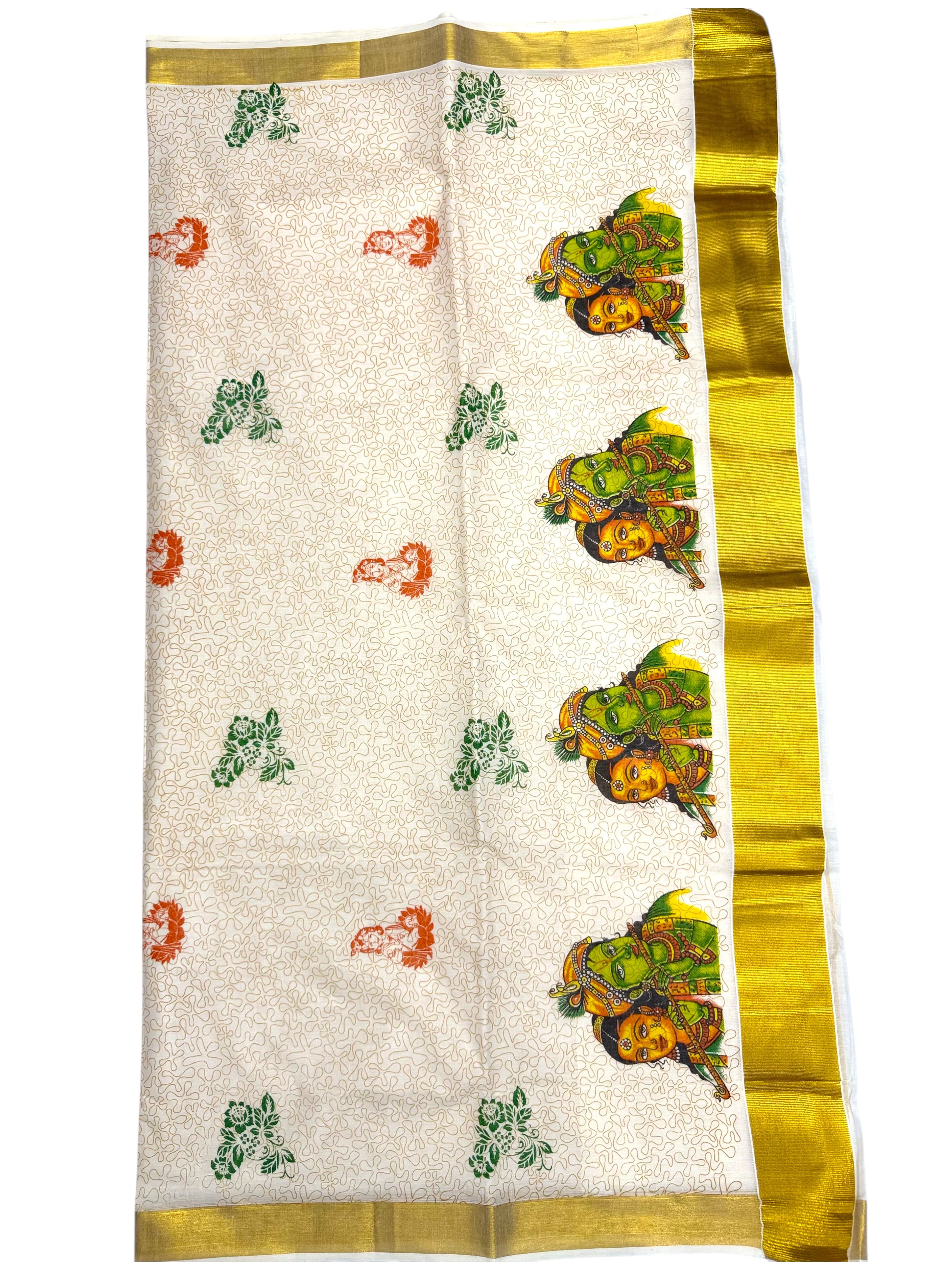 RADHA KRISHNA PRINTED KASAVU COTTON SAREE (GOLD)