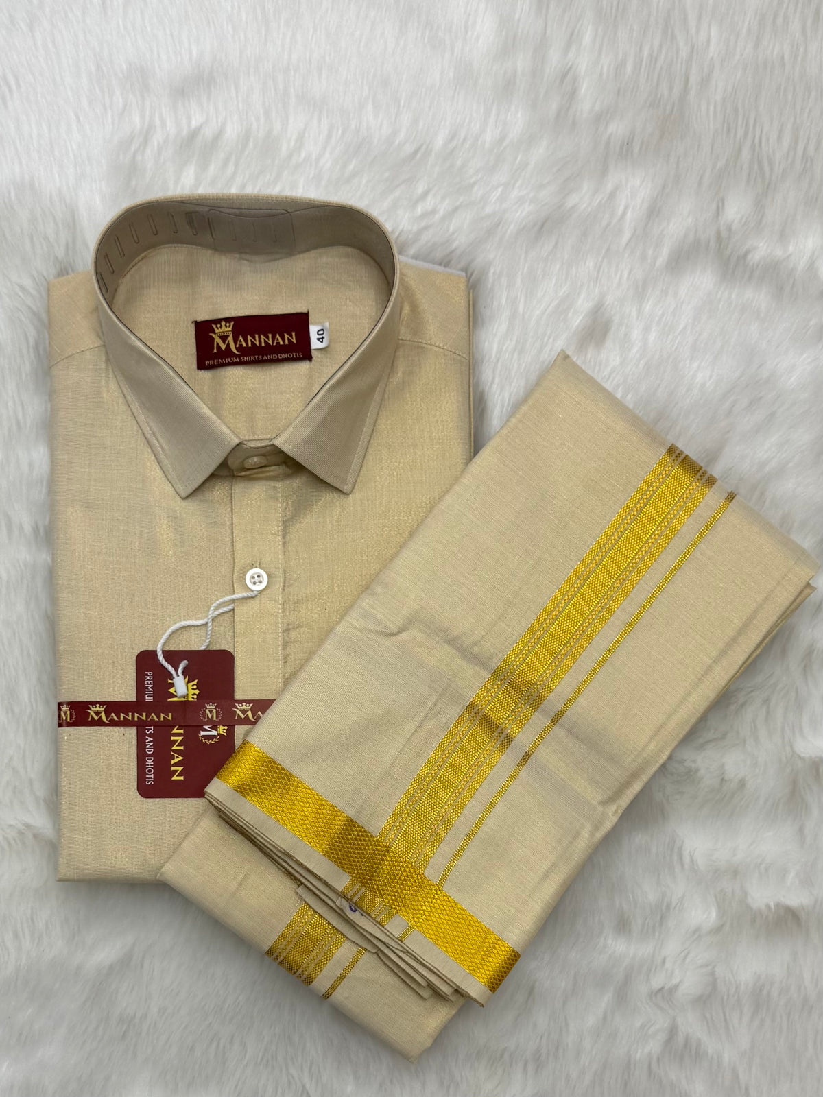 MEN'S PREMIUM TISSUE GOLD SINGLE DHOTI & SHIRT SET - CREAM