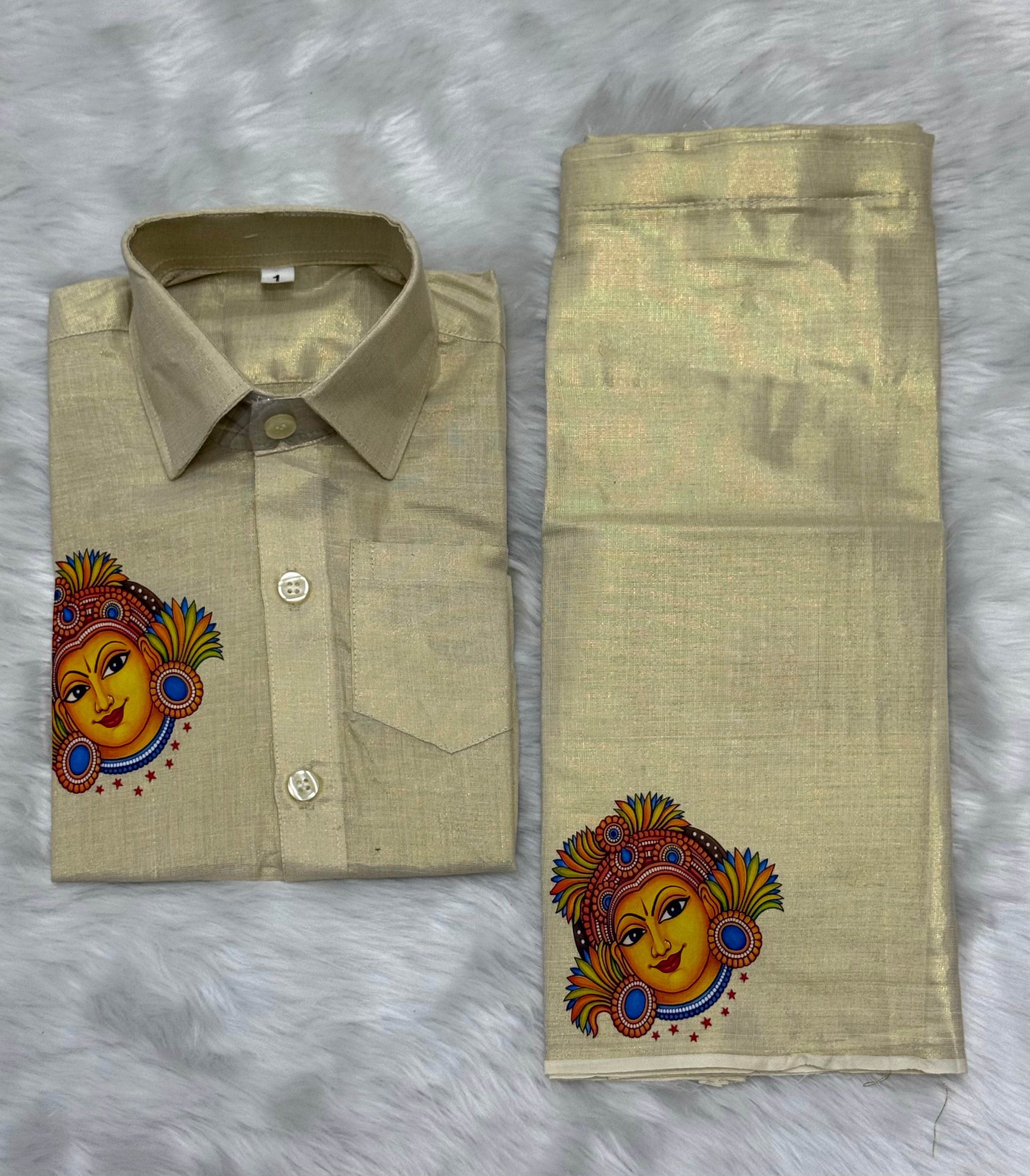 KIDS CULTURAL PRINTED VELCRO DHOTI & SHIRT COMBO SET - GOLD