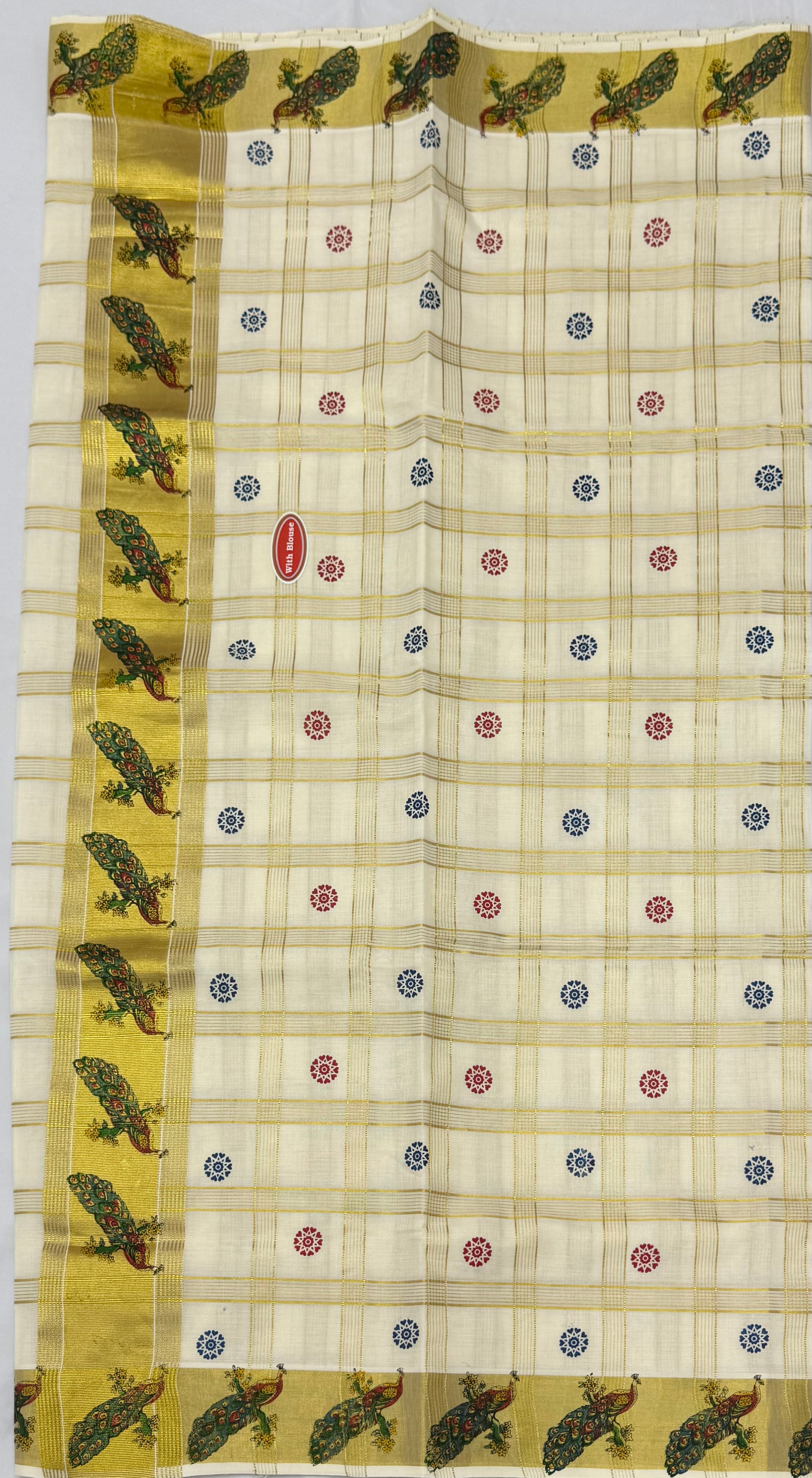 KERALA KASAVU COTTON CHECKS PATTERN SAREE - (OFF WHITE,GOLD)