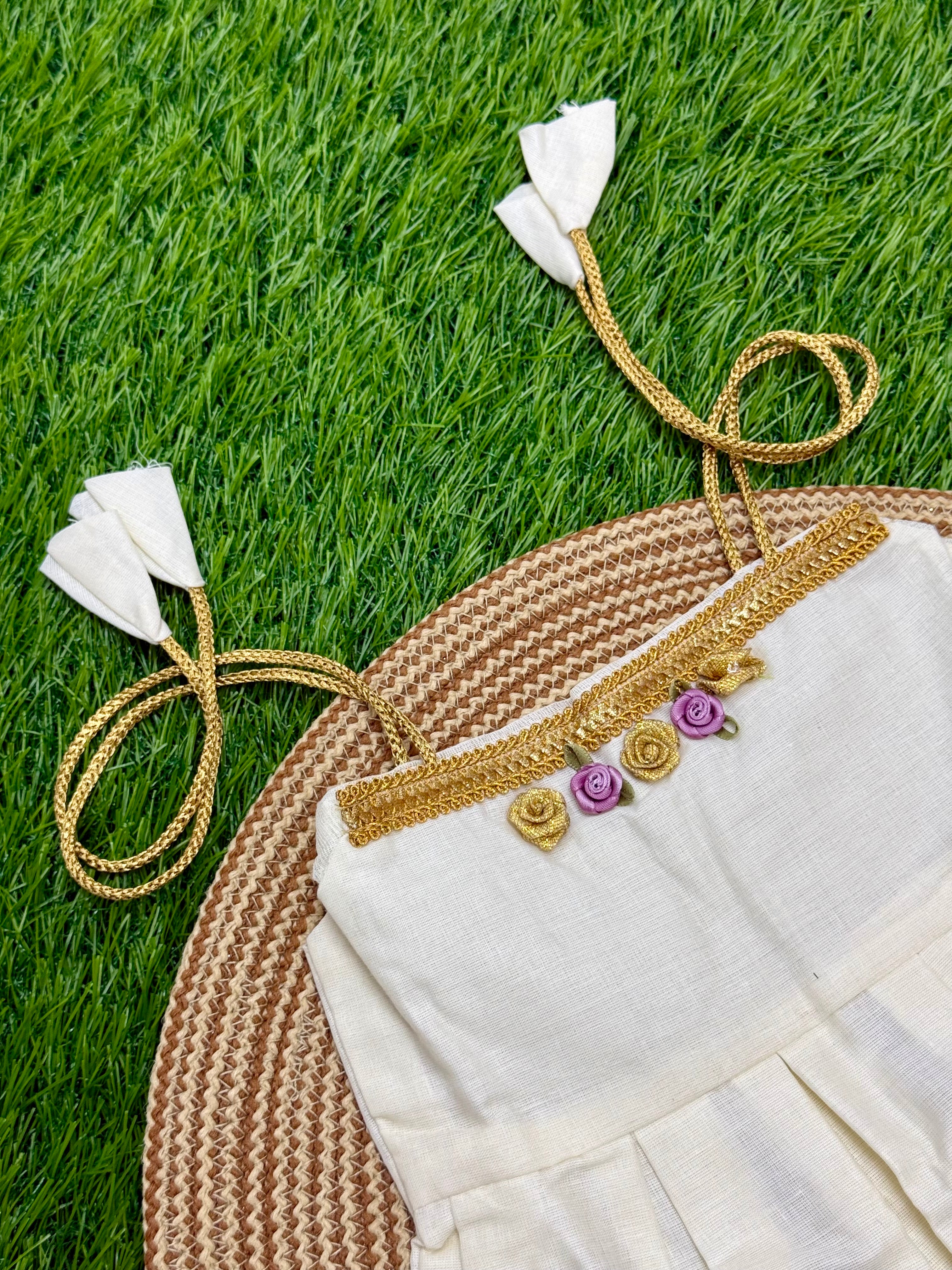 GIRL BABY KASAVU COTTON FROCK - GOLD & CREAM