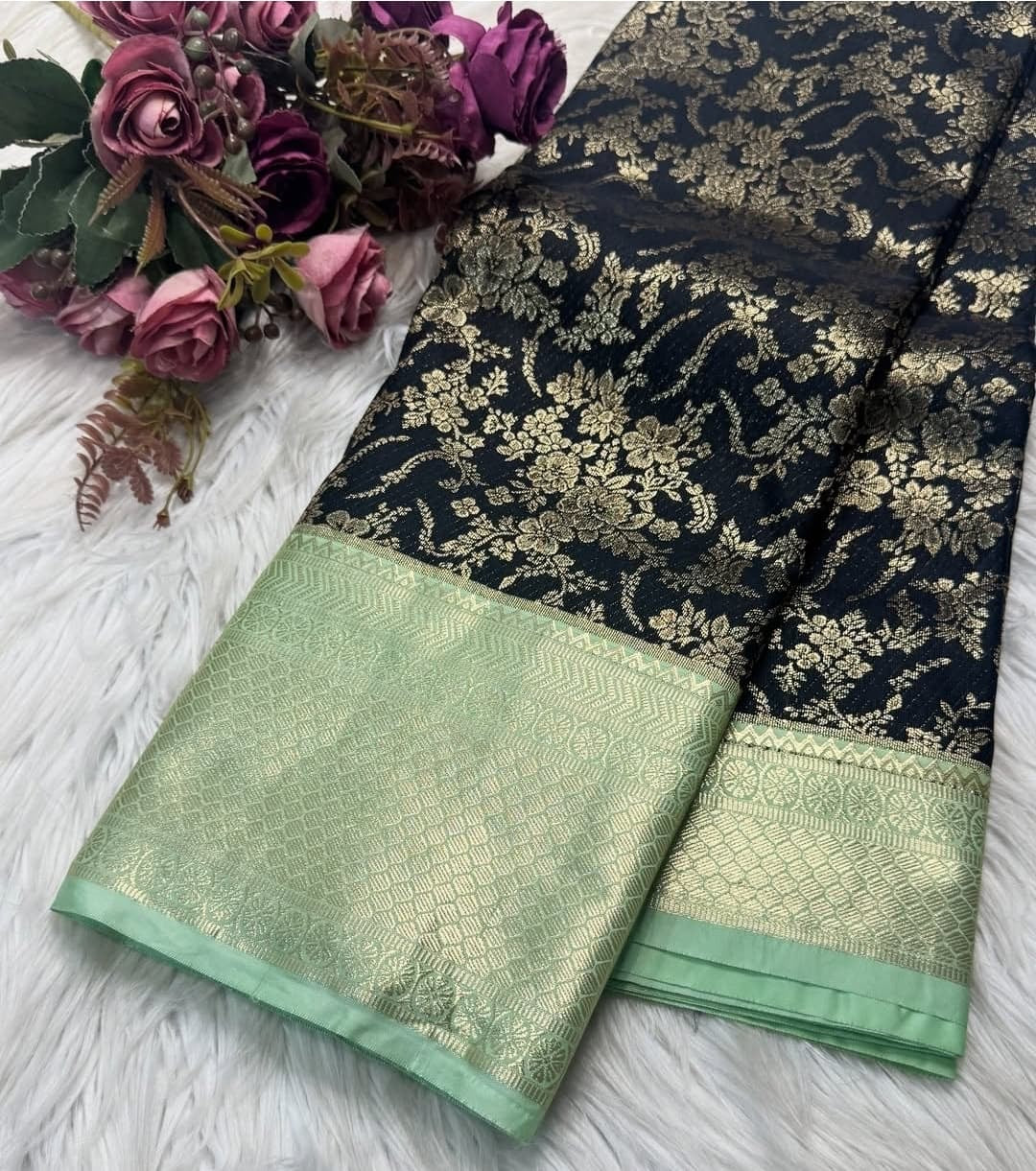 SEMI KANCHI SILK SAREE - BLACK & PASTEL GREEN