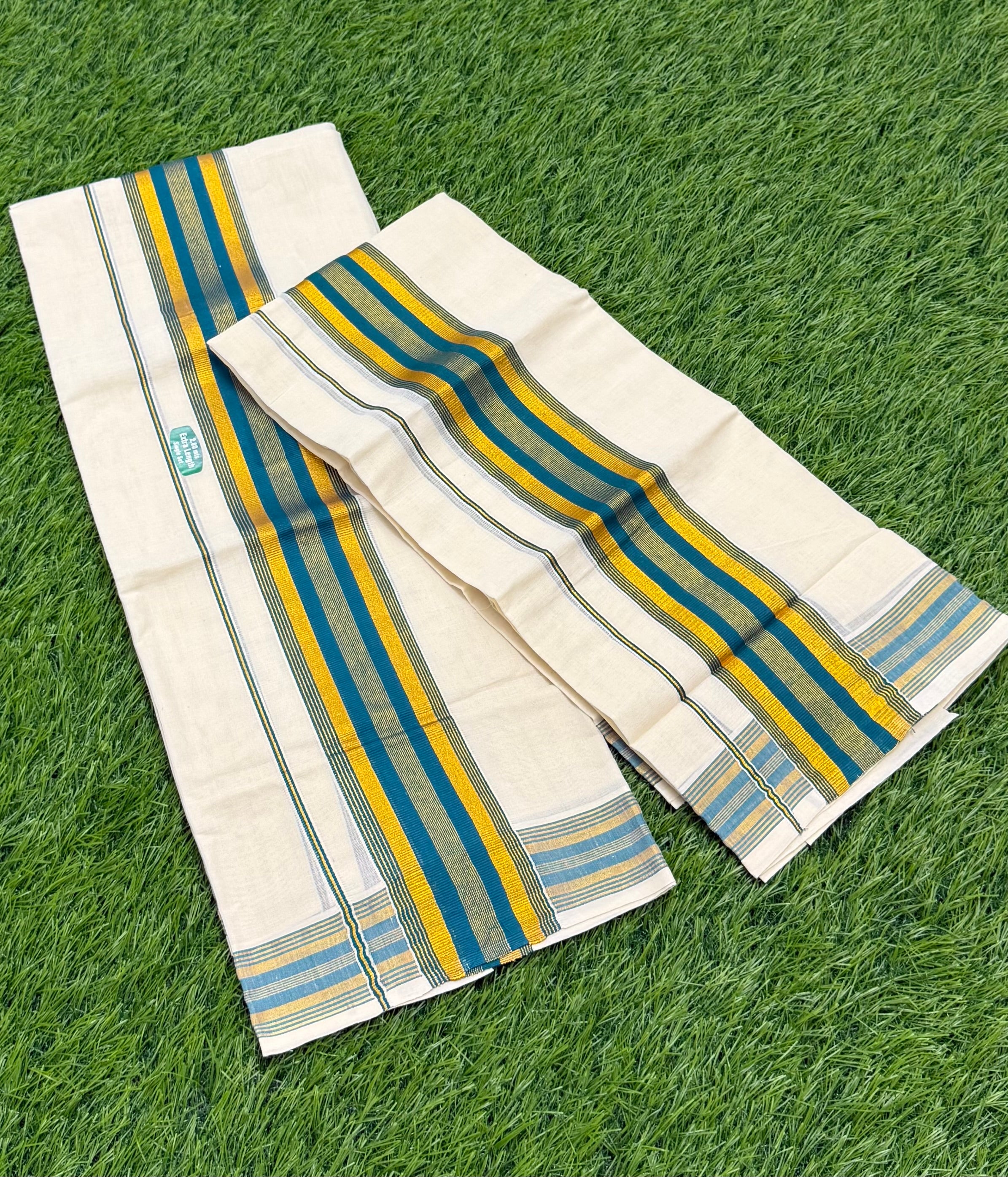 KASAVU COTTON STRIPES PATTERN SINGLE SET MUNDU (MUNDUM NERIYATHUM) - 2 X 2.80 MTRS - (OFF WHITE)