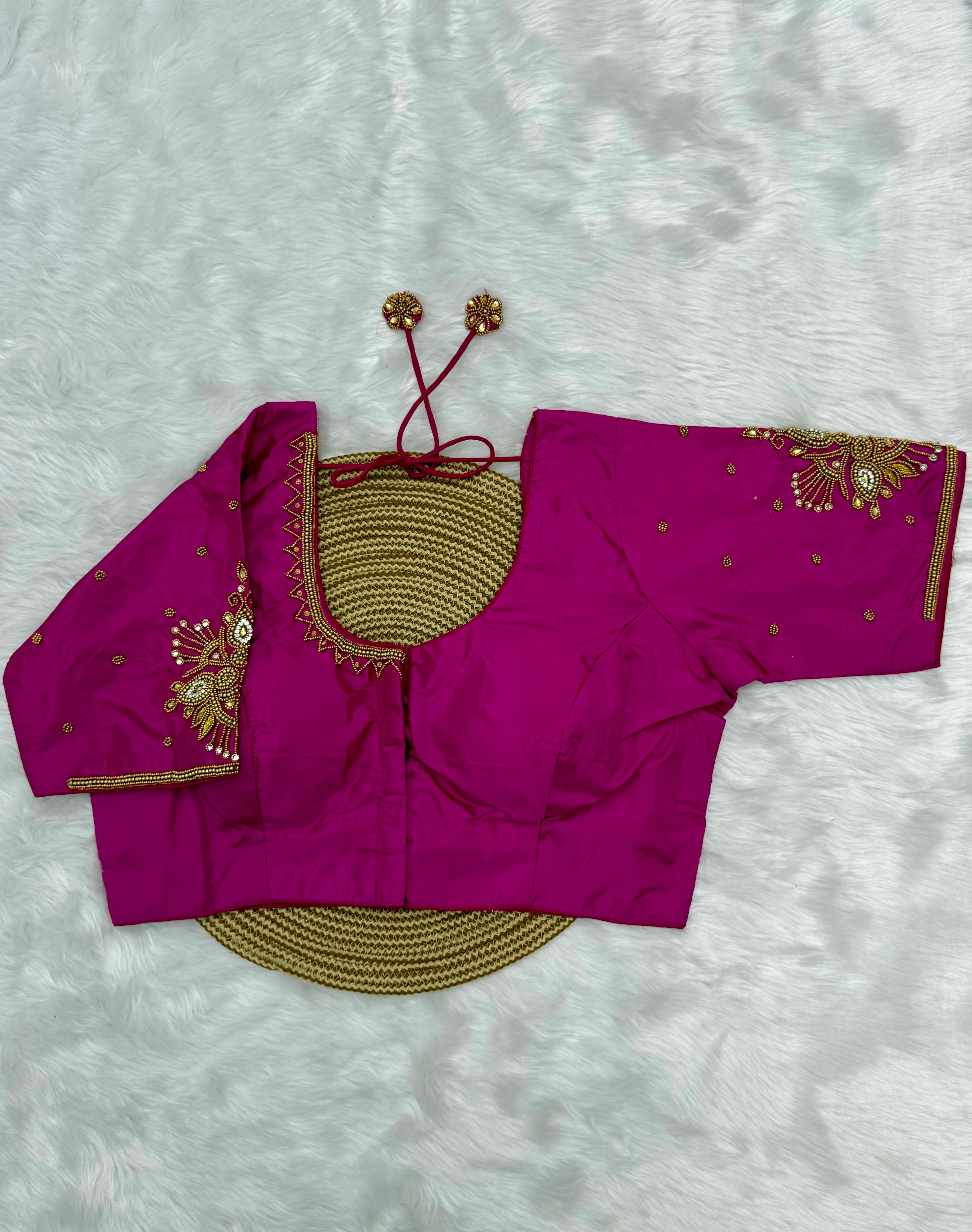BRIDAL AARI WORK READY TO WEAR SAREE BLOUSE - RANI PINK