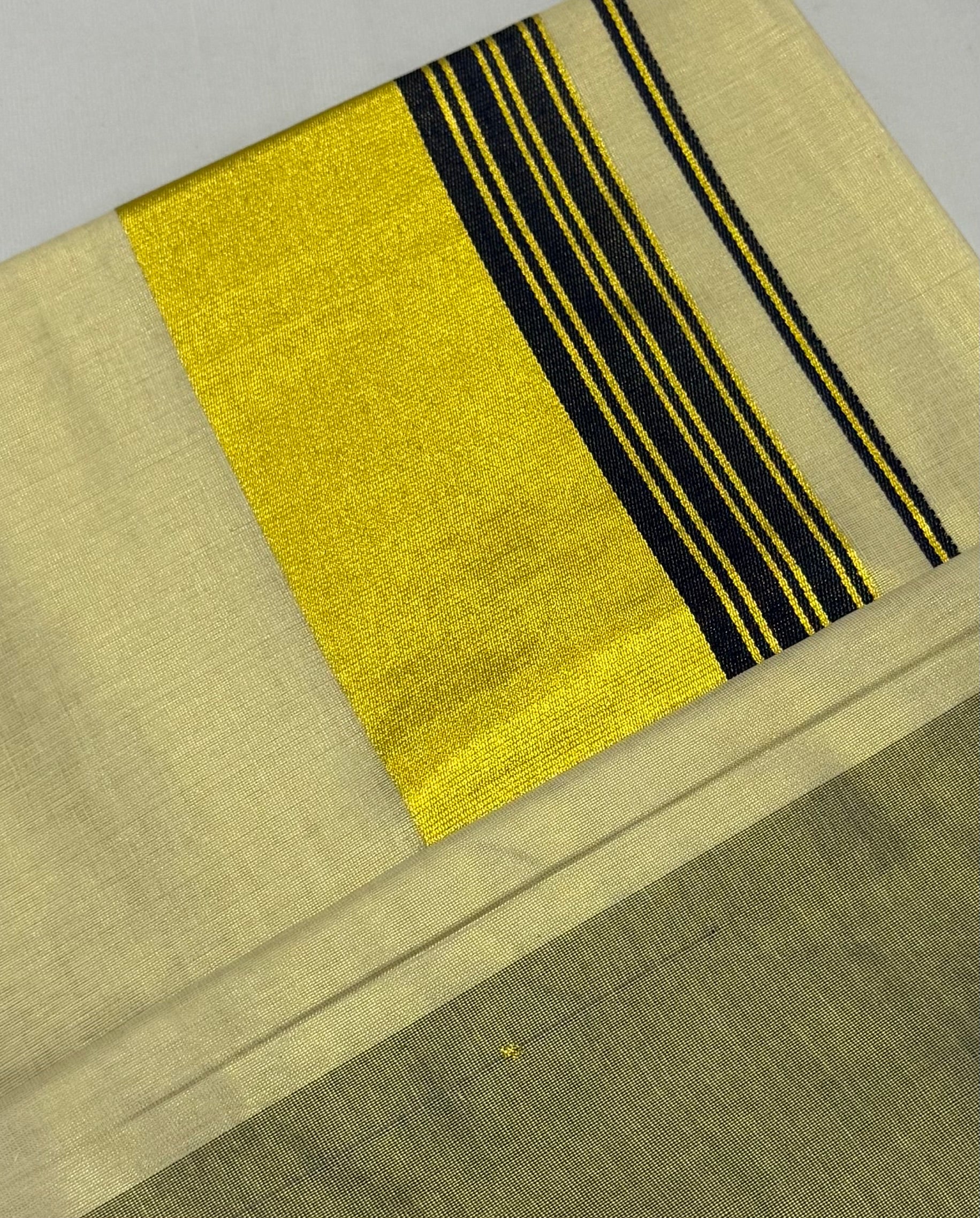 PREMIUM KERALA KASAVU TISSUE STRIPES SAREE - (CREAM,GOLD,BLUE)