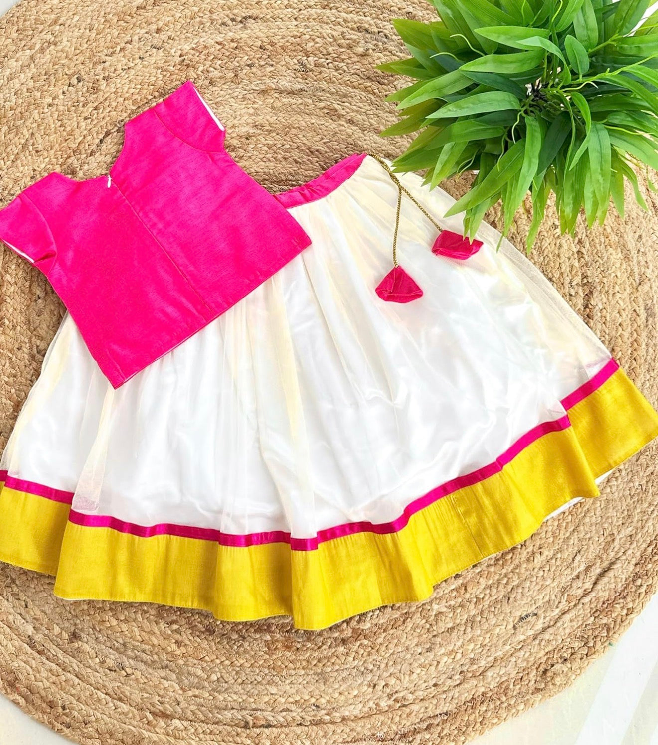 GIRLS COTTON SILK READYMADE LEHENGA CHOLI SET - RANI PINK & CREAM