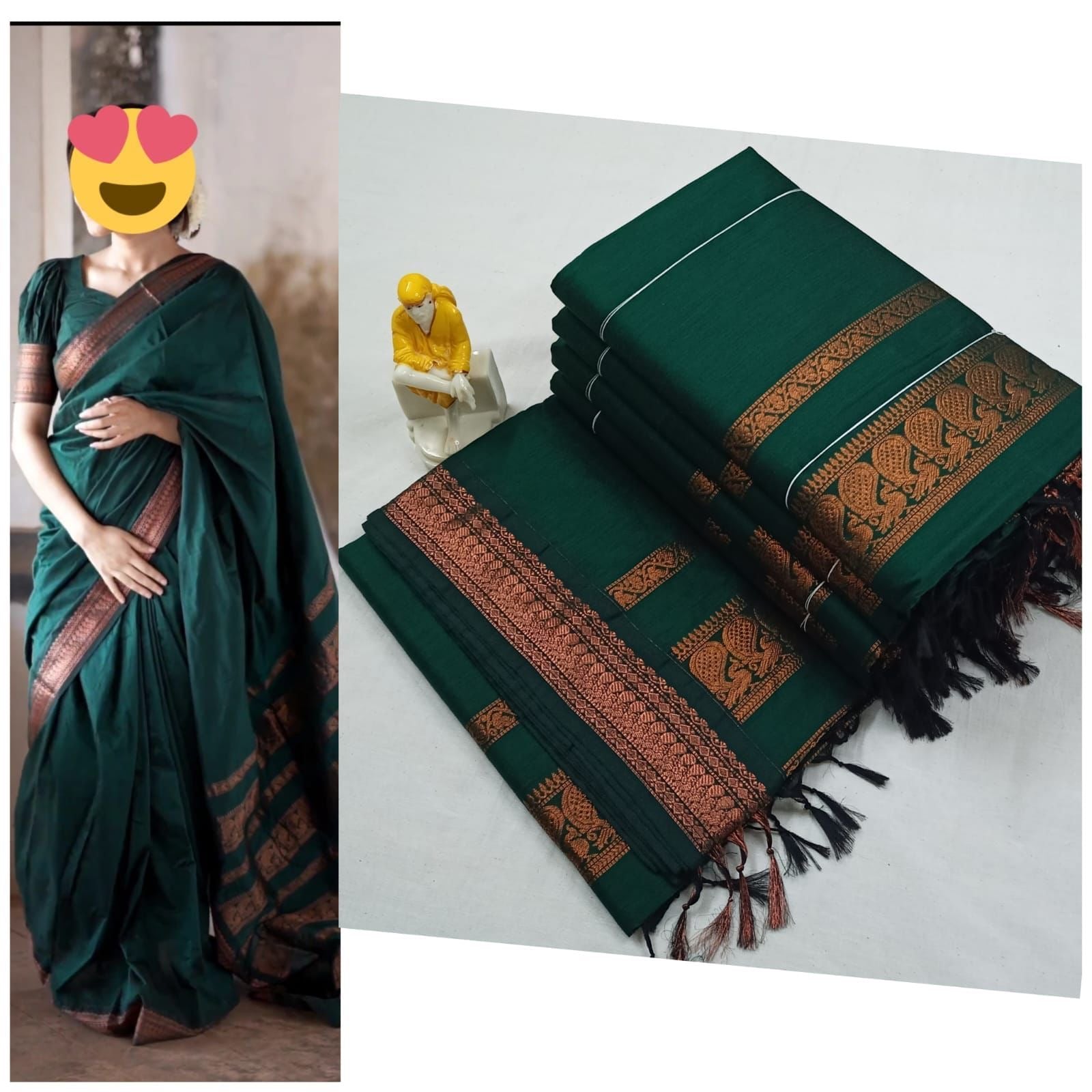 PREMIUM GADWAL/KALYANI COTTON SILK SAREES - BOTTLE GREEN