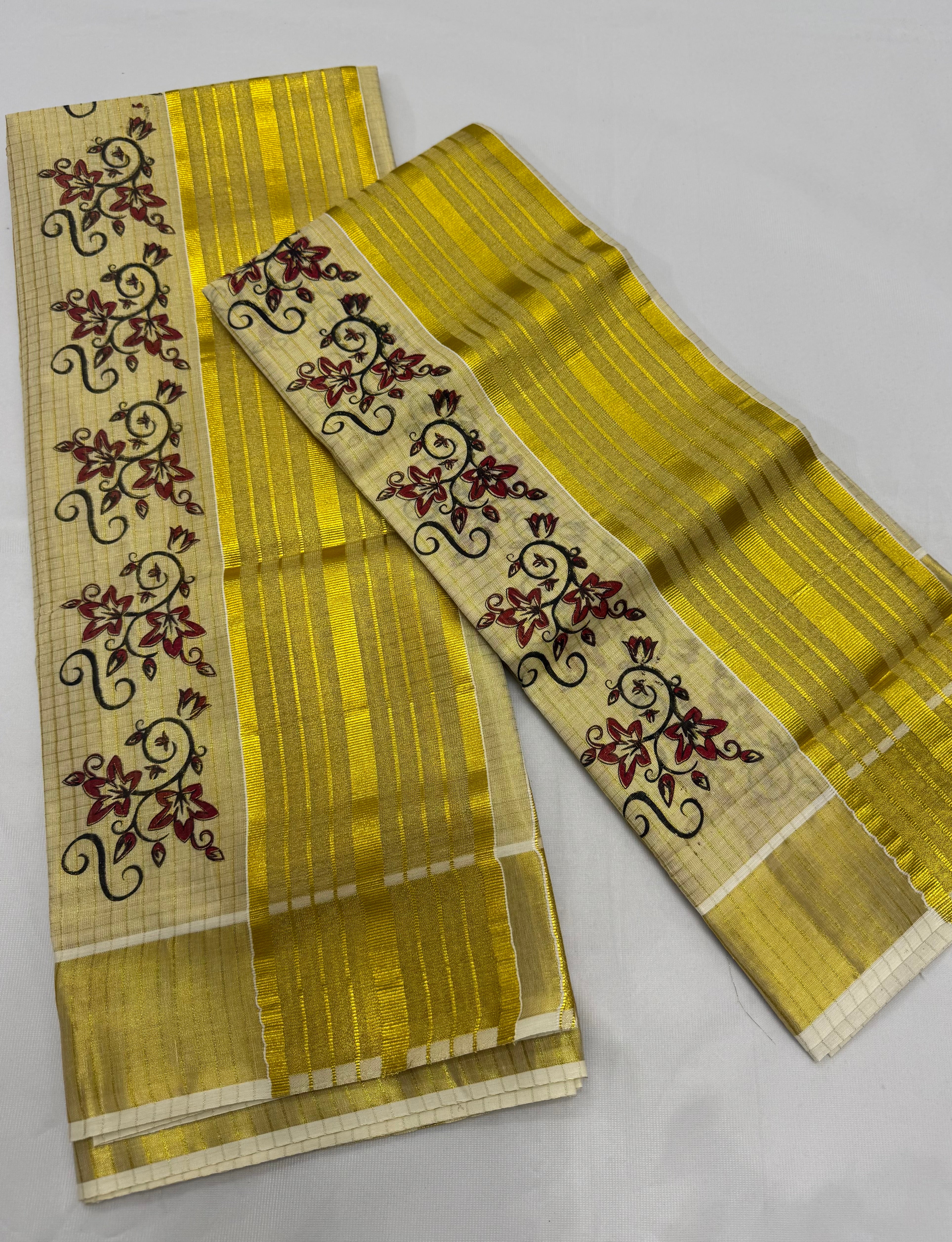 FLORAL CHECKS TISSUE SINGLE SET MUNDU (MUNDUM NERIYATHUM) - 2 X 2.80 MTRS - (CREAM,GOLD)