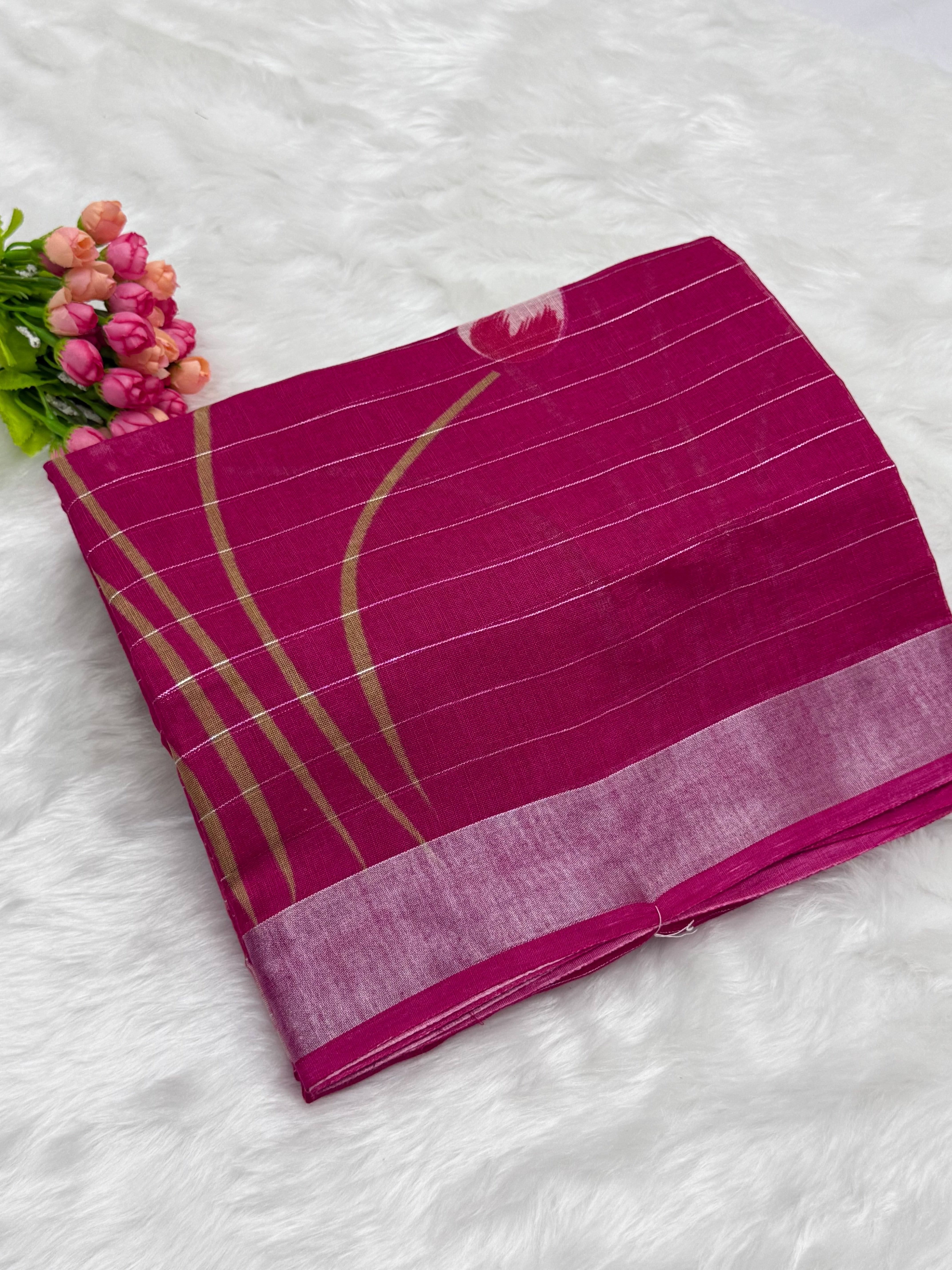 PREMIUM LINEN COTTON SILK SAREE - RANI PINK