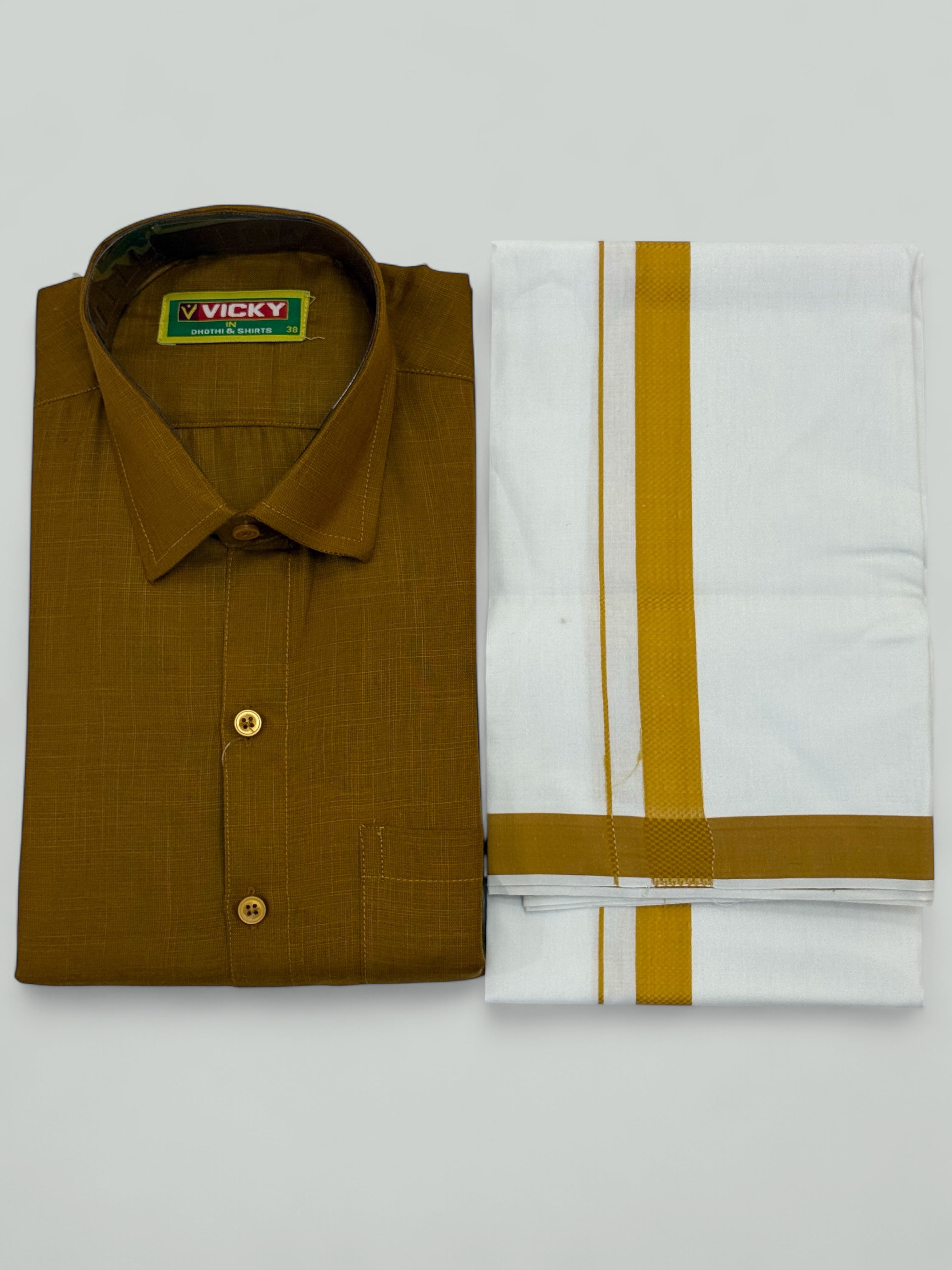 MEN'S MATCHING FANCY BORDER SINGLE DHOTI & SHIRT SET - MUSTARD