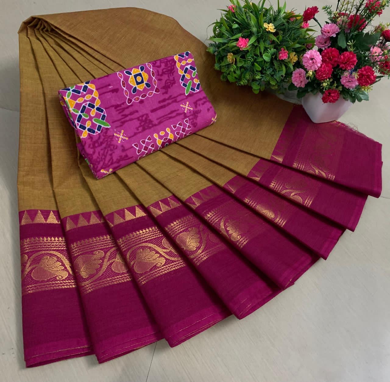 PURE KANCHI HANDLOOM COTTON SAREES - DIJION YELLOW