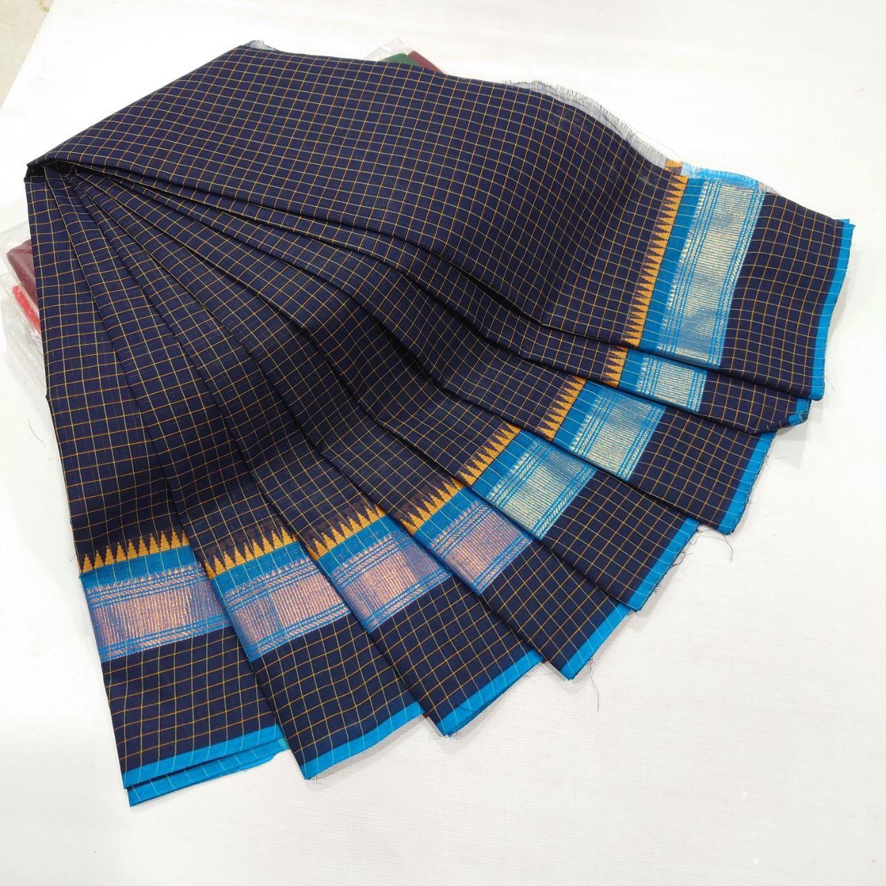 CHETTINAD COTTON CHECKED SAREE - NAVYBLUE