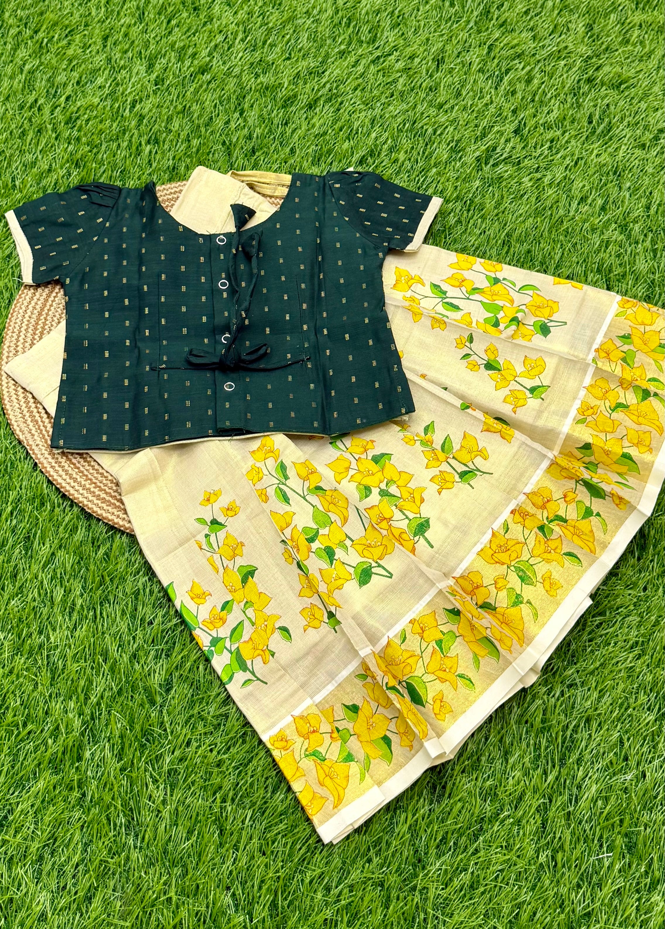 KIDS GIRL'S PATTU PAVADAI - CREAM & GREEN