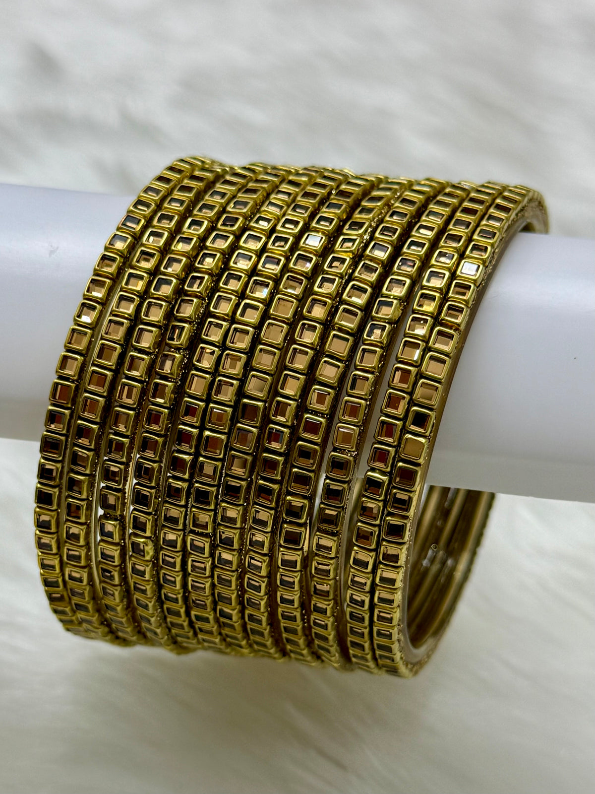ANTIQUE GOLD SQUARE STONE STUDDED GLASS BANGLES PACK OF 12