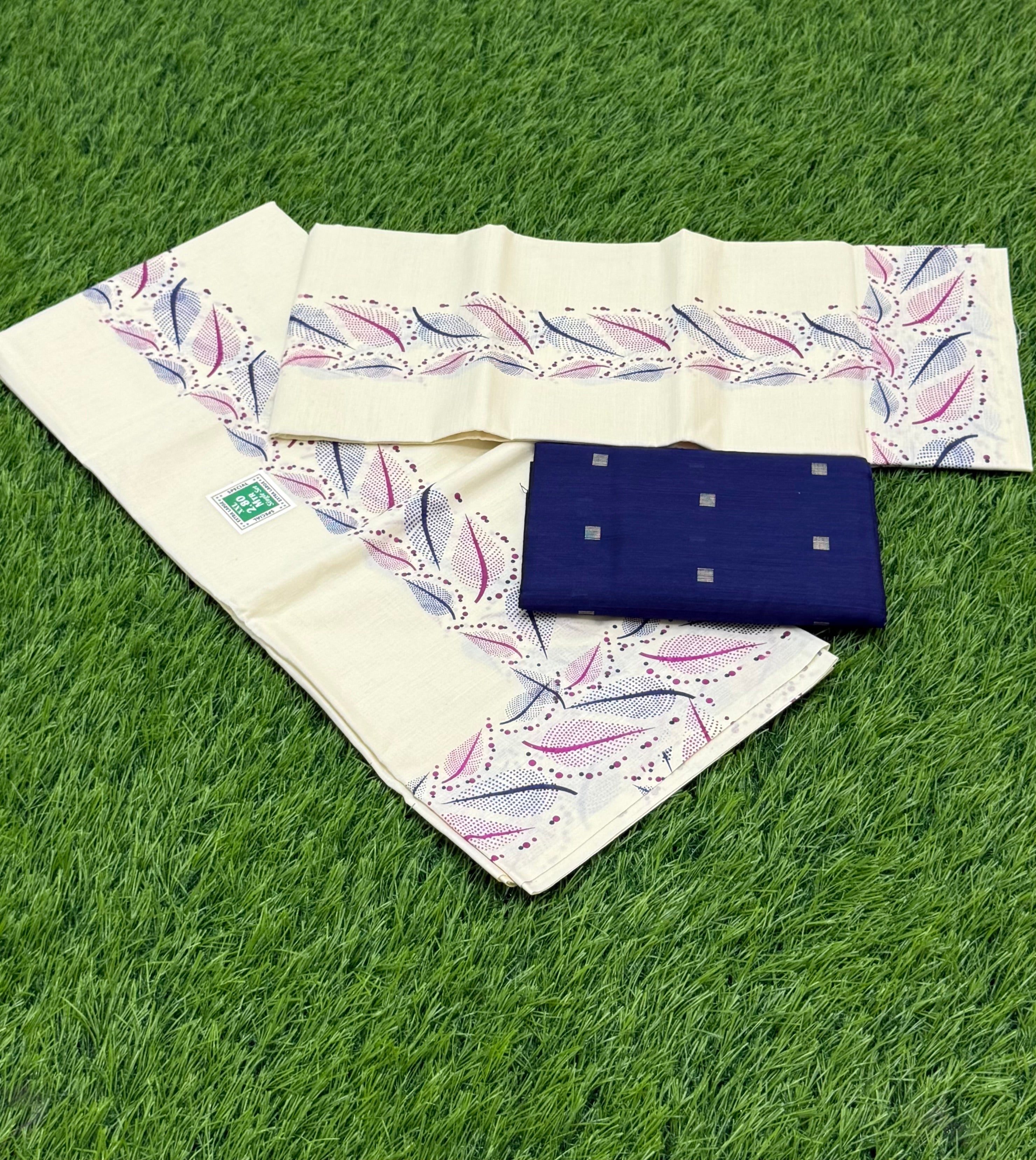 FANCY PRINTED SINGLE SET MUNDU (MUNDUM NERIYATHUM) WITH BLOUSE PIECE - 2 X 2.80 MTRS