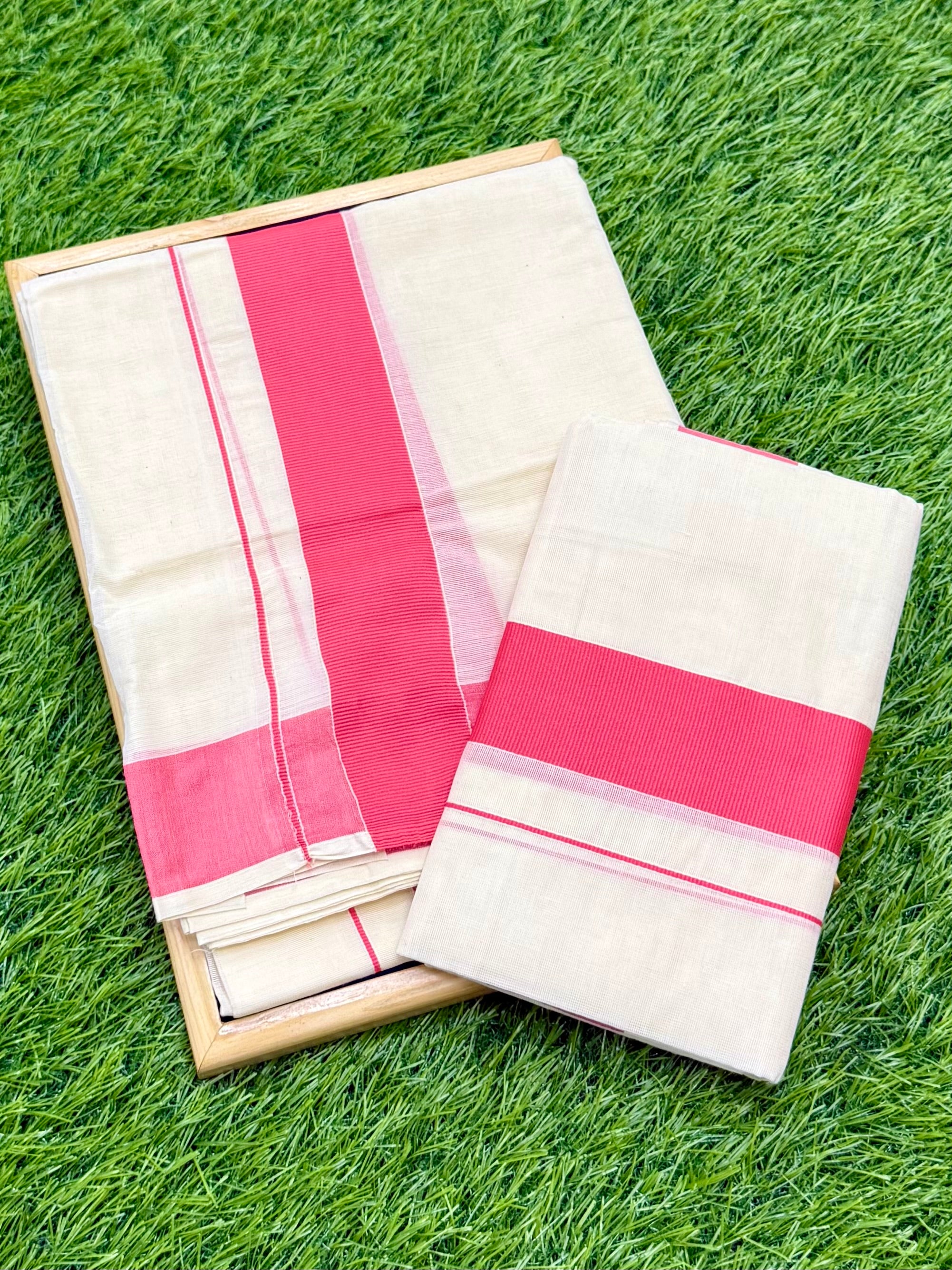 KASAVU COTTON KARA BORDER SINGLE SET MUNDU (MUNDUM NERIYATHUM) - 2 X 2.80 MTRS - PINK