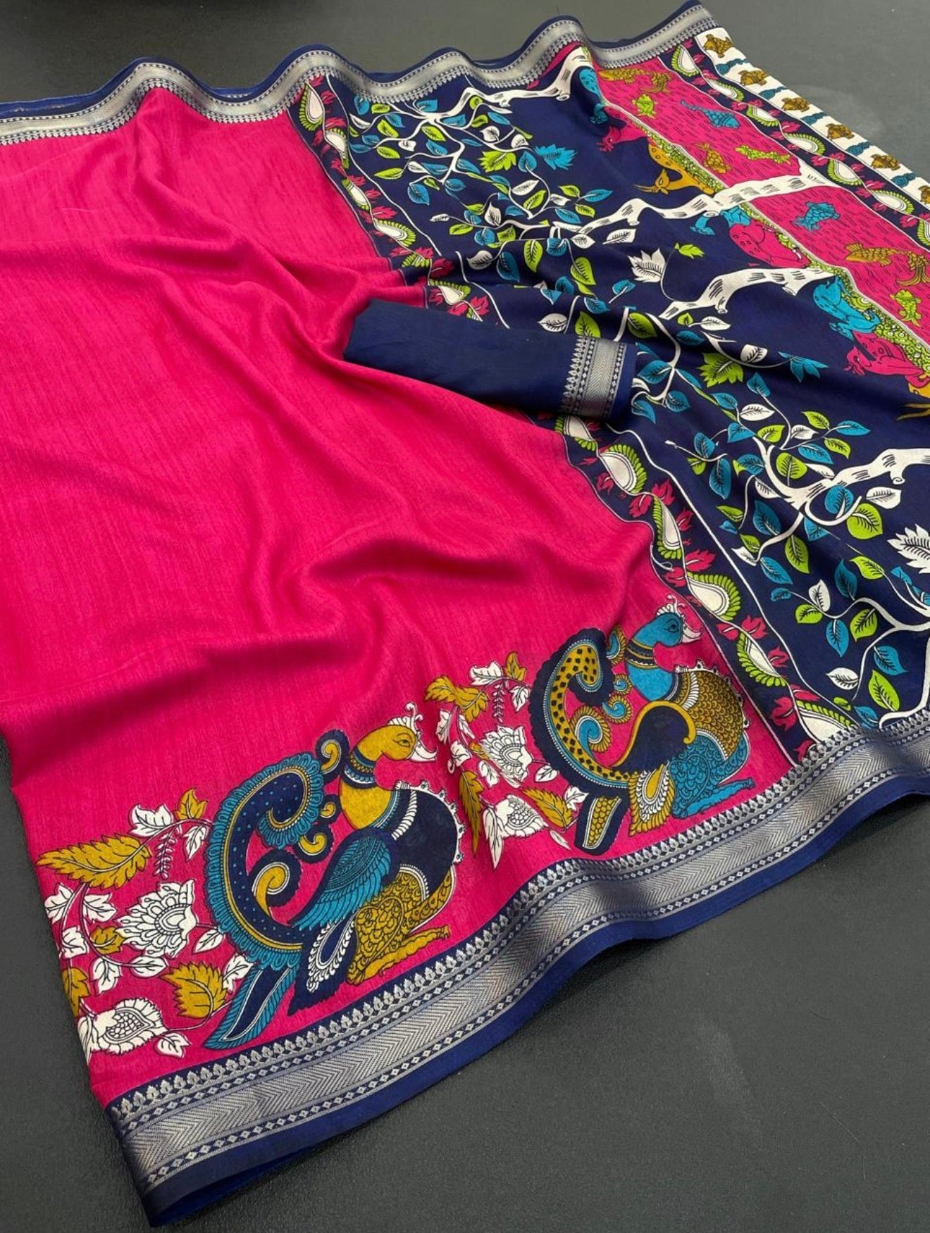 KALAMKARI SMALL BORDER BOUTIQUE SAREE - DARK PINK