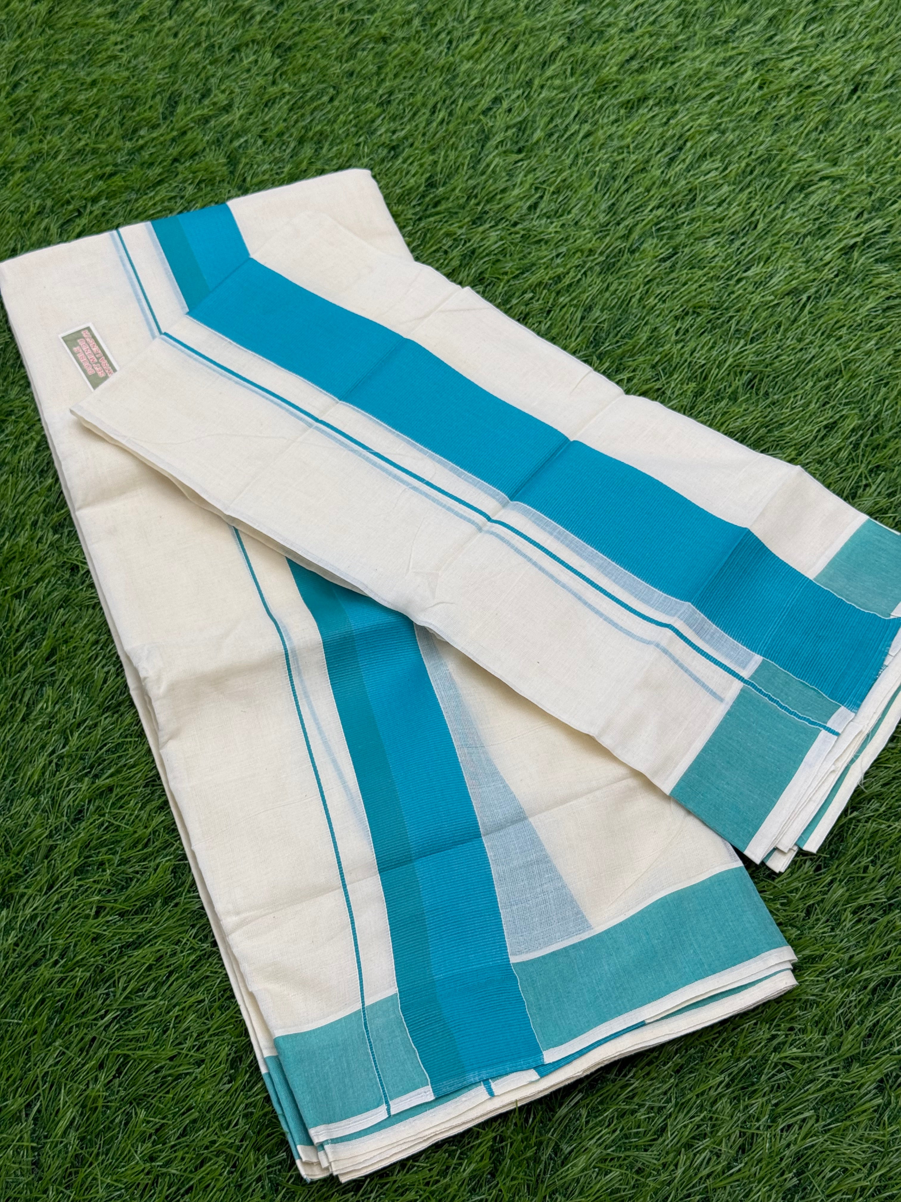KASAVU COTTON KARA BORDER SINGLE SET MUNDU (MUNDUM NERIYATHUM) - 2 X 2.80 MTRS - SKYBLUE