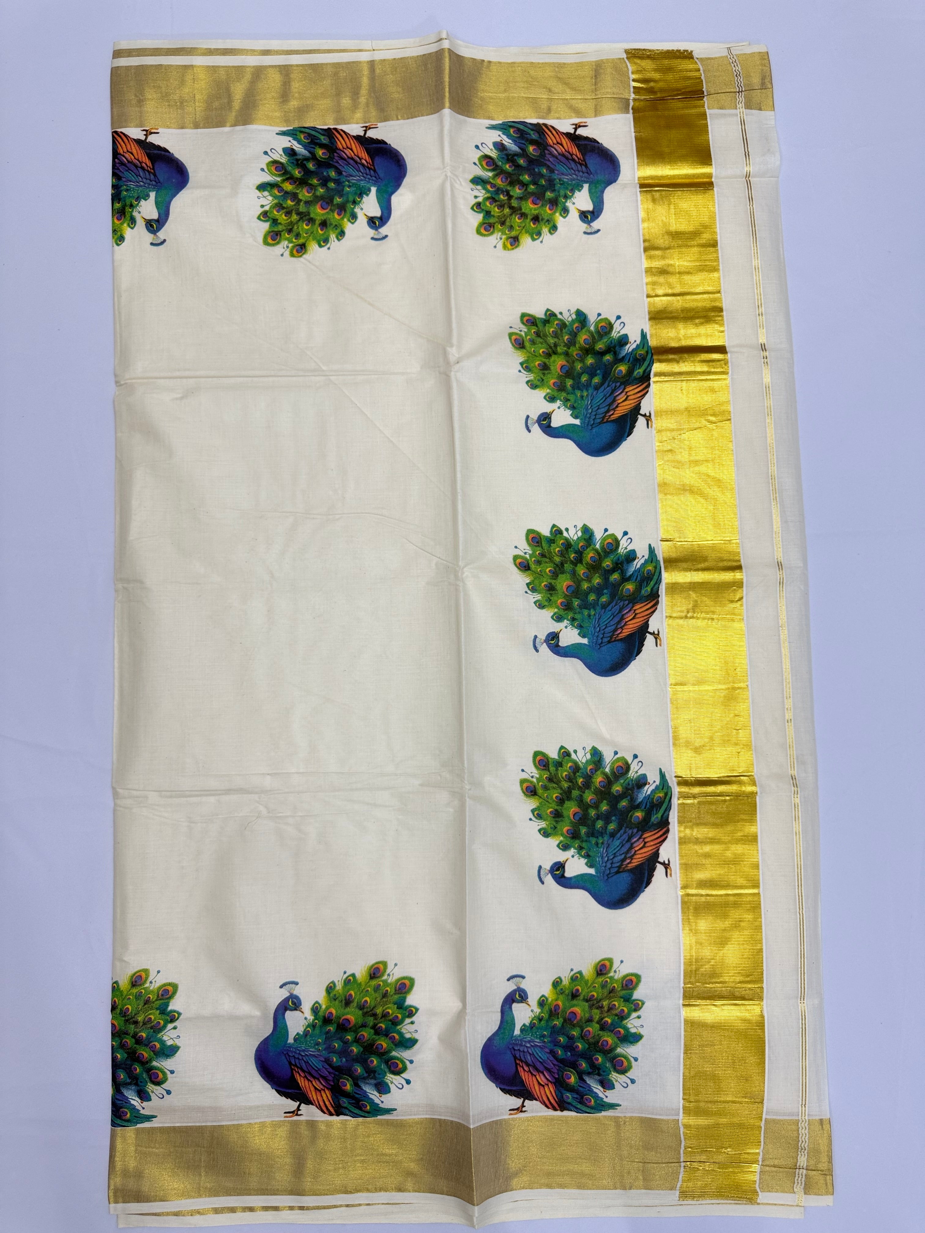 PEACOCK PRINTED KASAVU COTTON SAREE (GOLD)