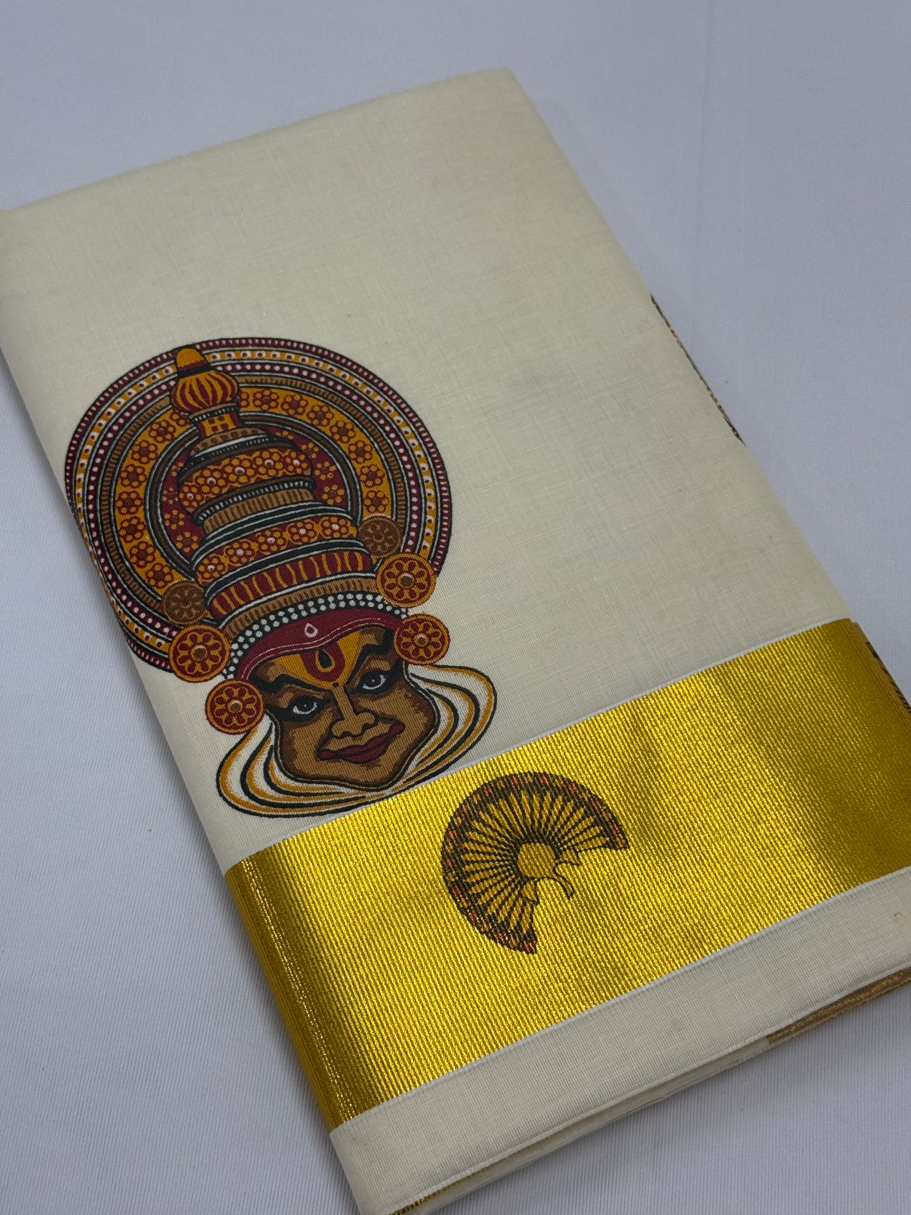 MURAL PAINTED/PRINTED KASAVU COTTON SAREE (GOLD)