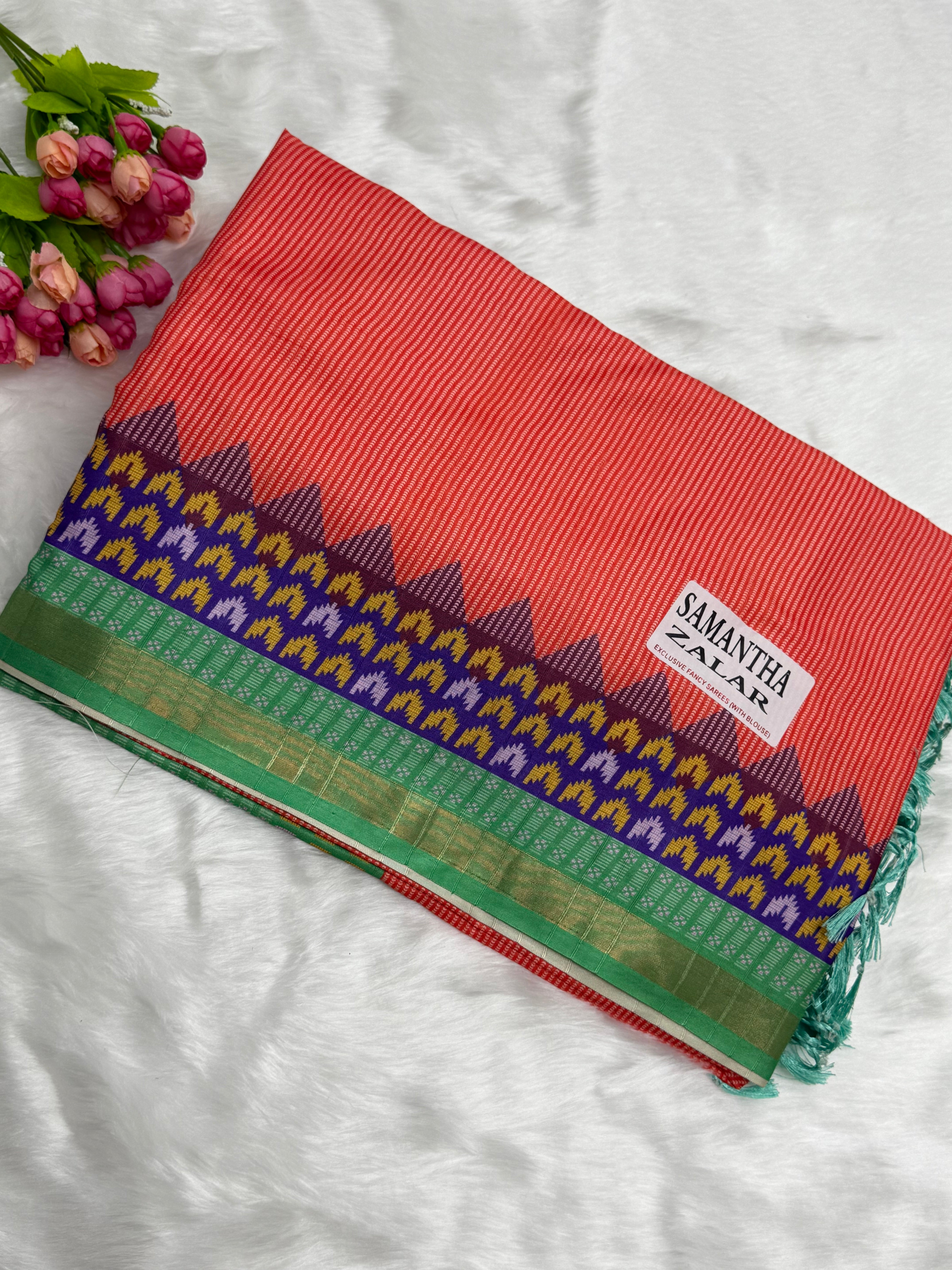 TRADITIONAL DOLLA SAREE WITH CONTRAST IKAT BORDER - RED