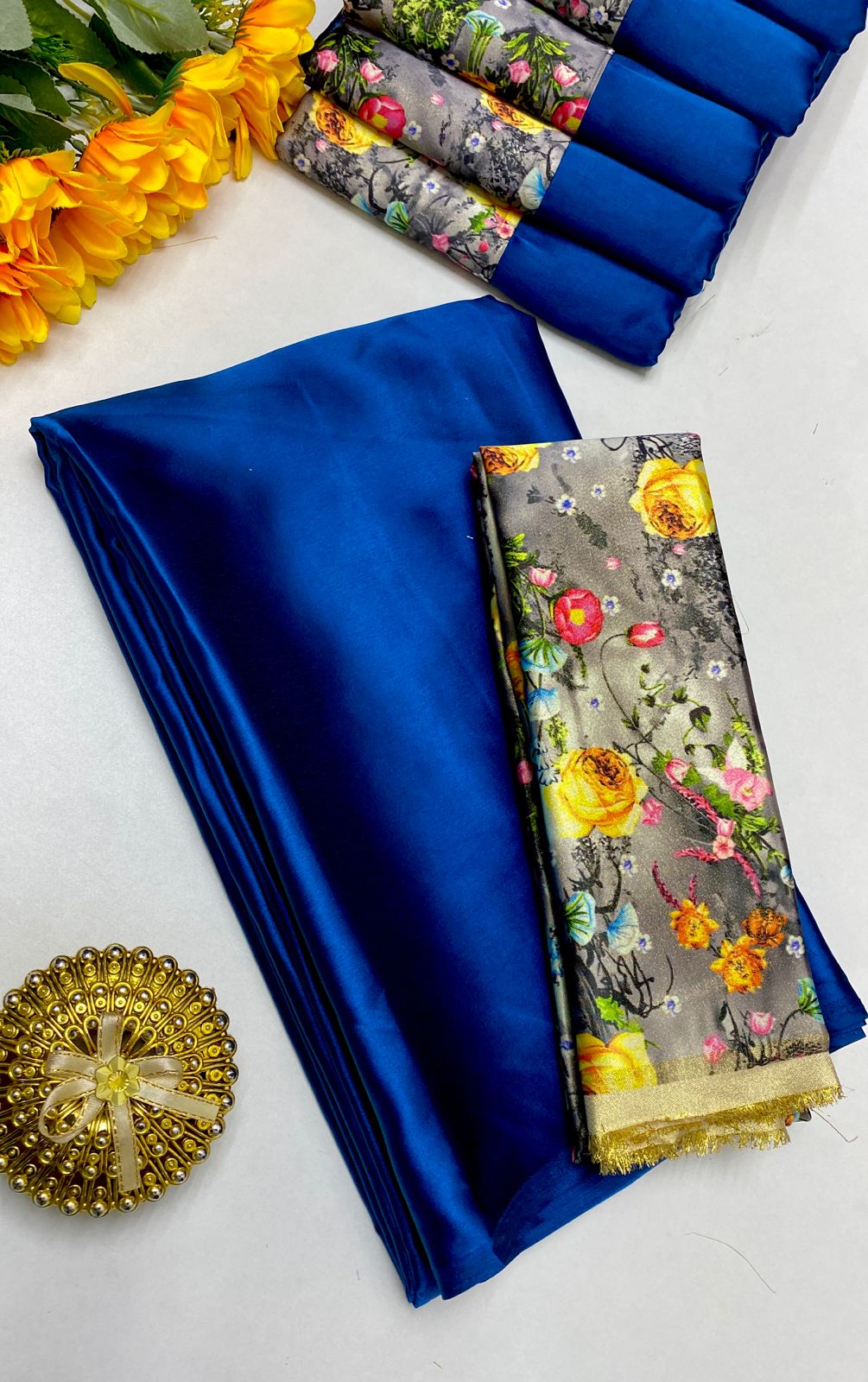 PLAIN SATIN SILK SAREE WITH DIGITAL PRINTED BLOUSE - BLUE