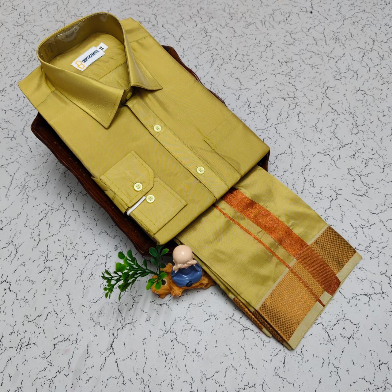 MEN'S PREMIUM SILK VELCRO DHOTI SHIRT SET - JARI GOLD