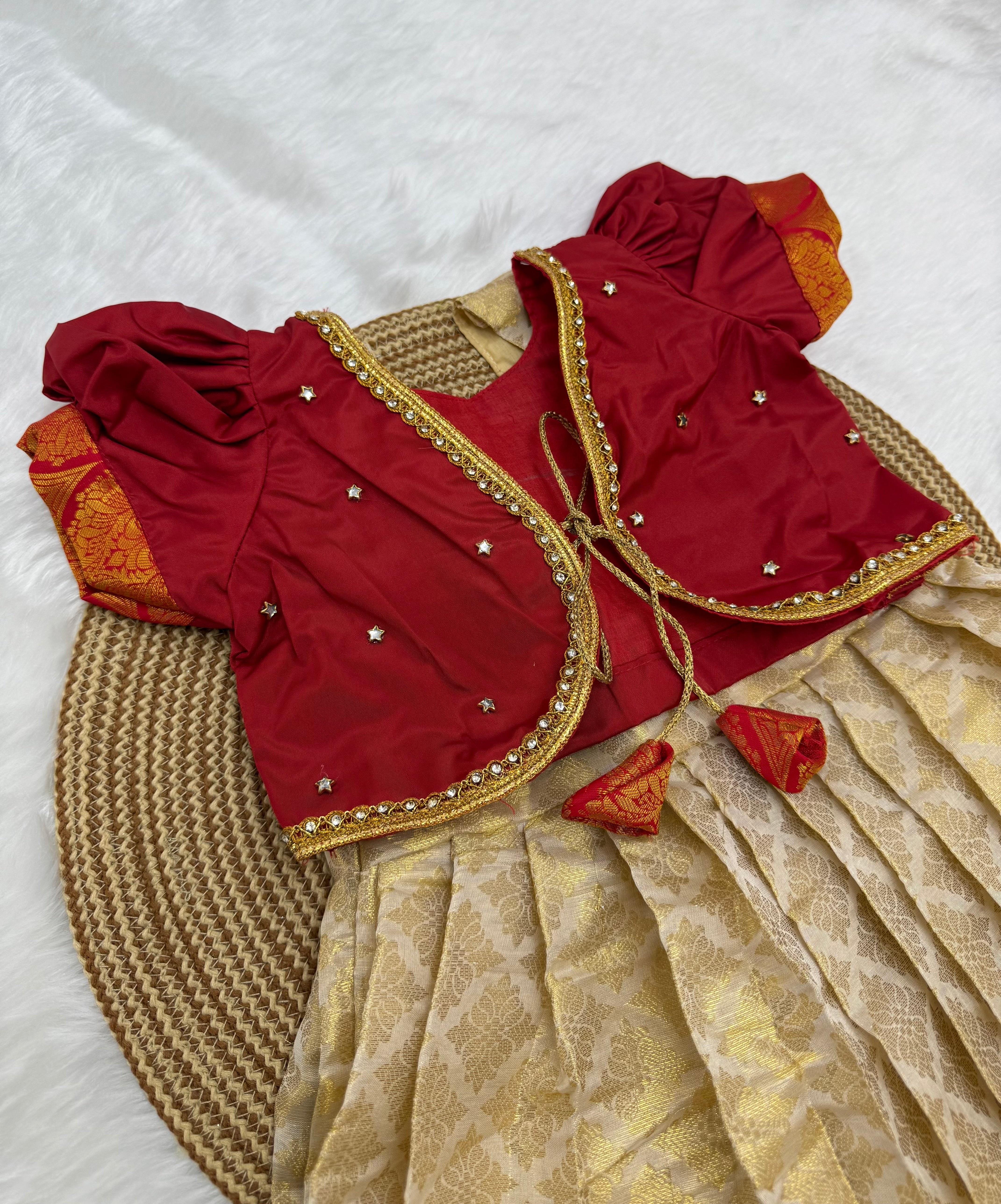 CREAM & GOLD PATTU PAVADAI WITH MAROON BLOUSE | KIDS TRADITIONAL SILK DRESS