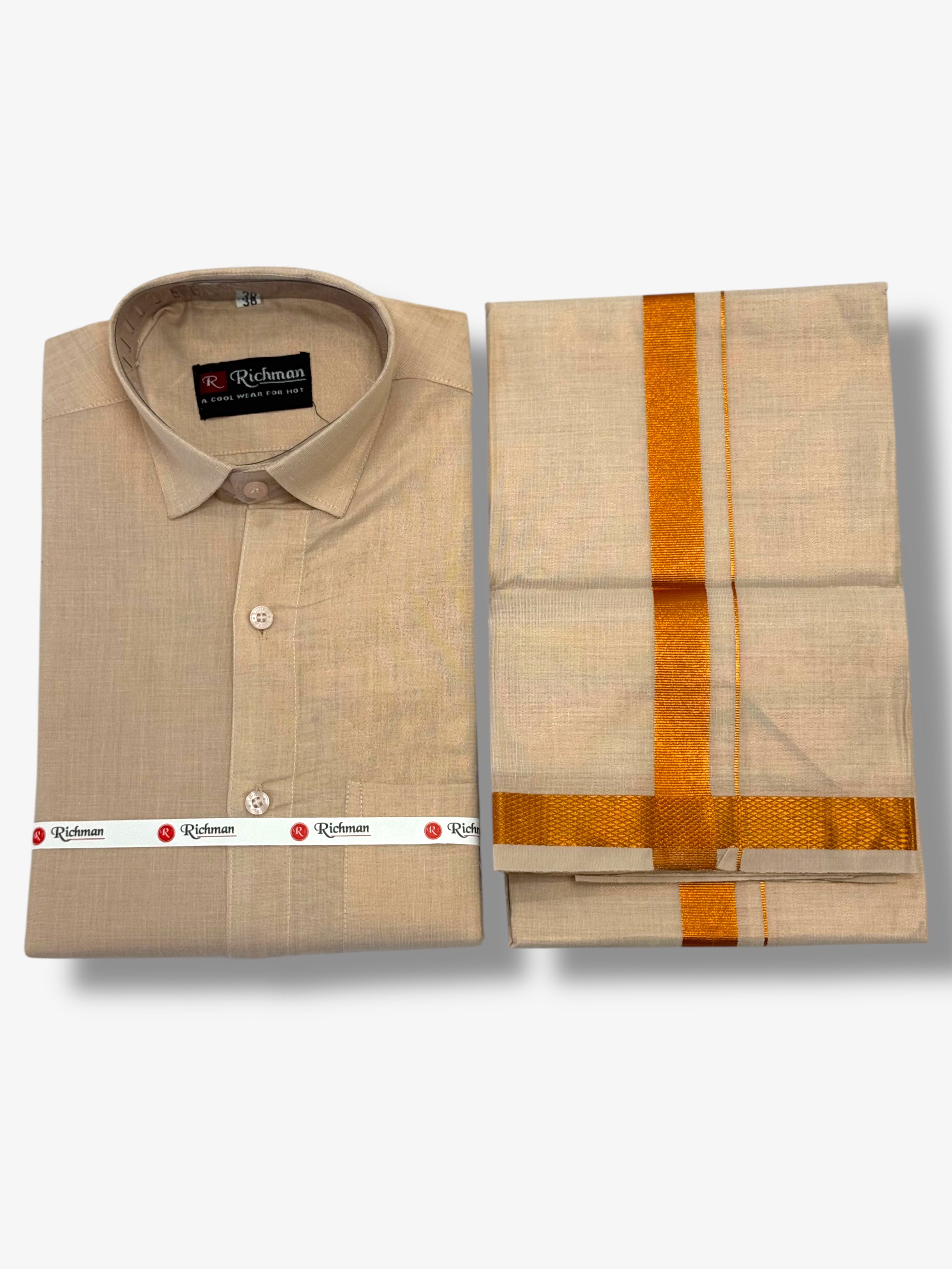 MEN'S PREMIUM TISSUE COPPER SINGLE DHOTI & SHIRT SET - CREAM
