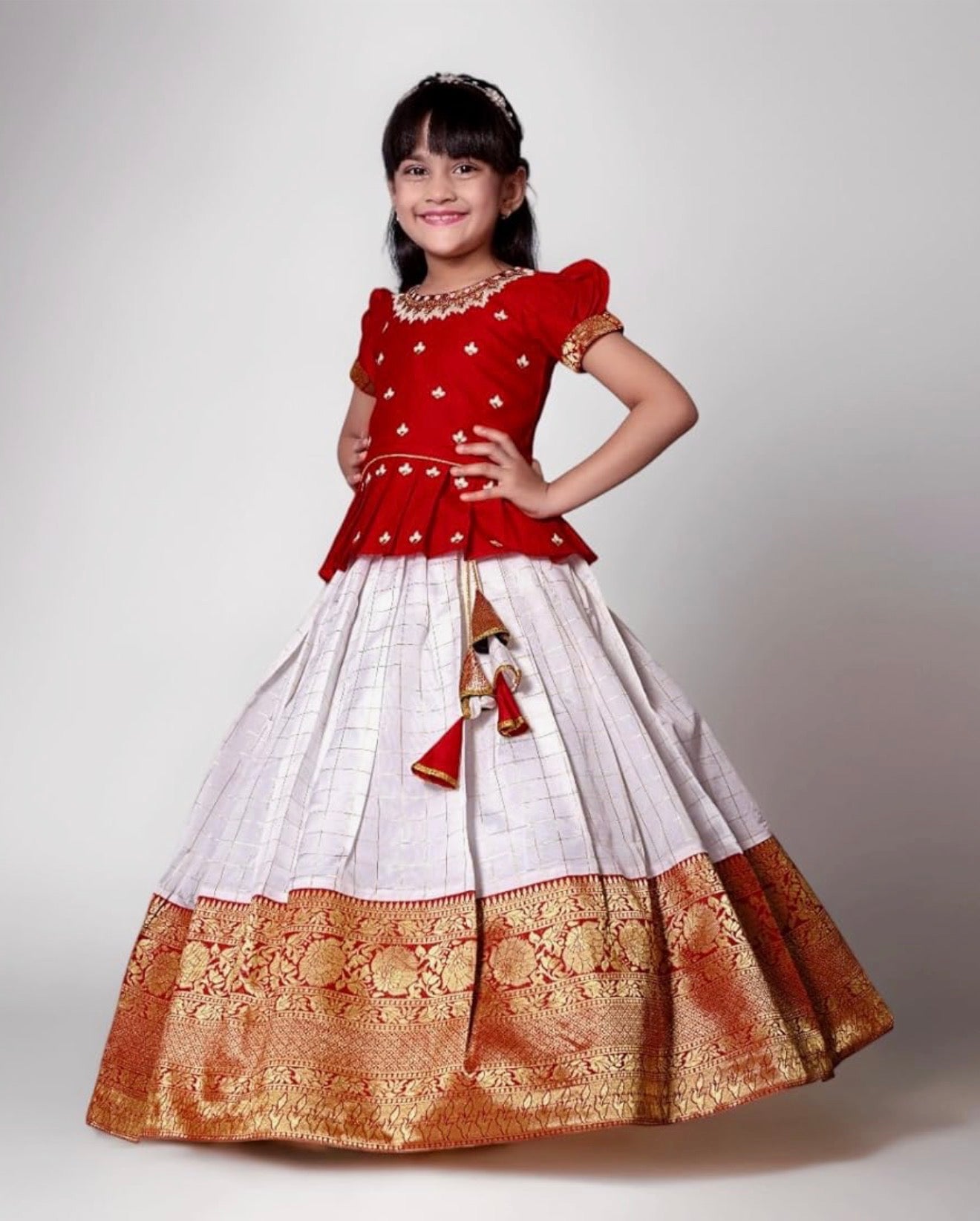GIRLS SILK BLEND READYMADE PATTU PAVADAI/LEHENGA CHOLI - RED & HALF WHITE