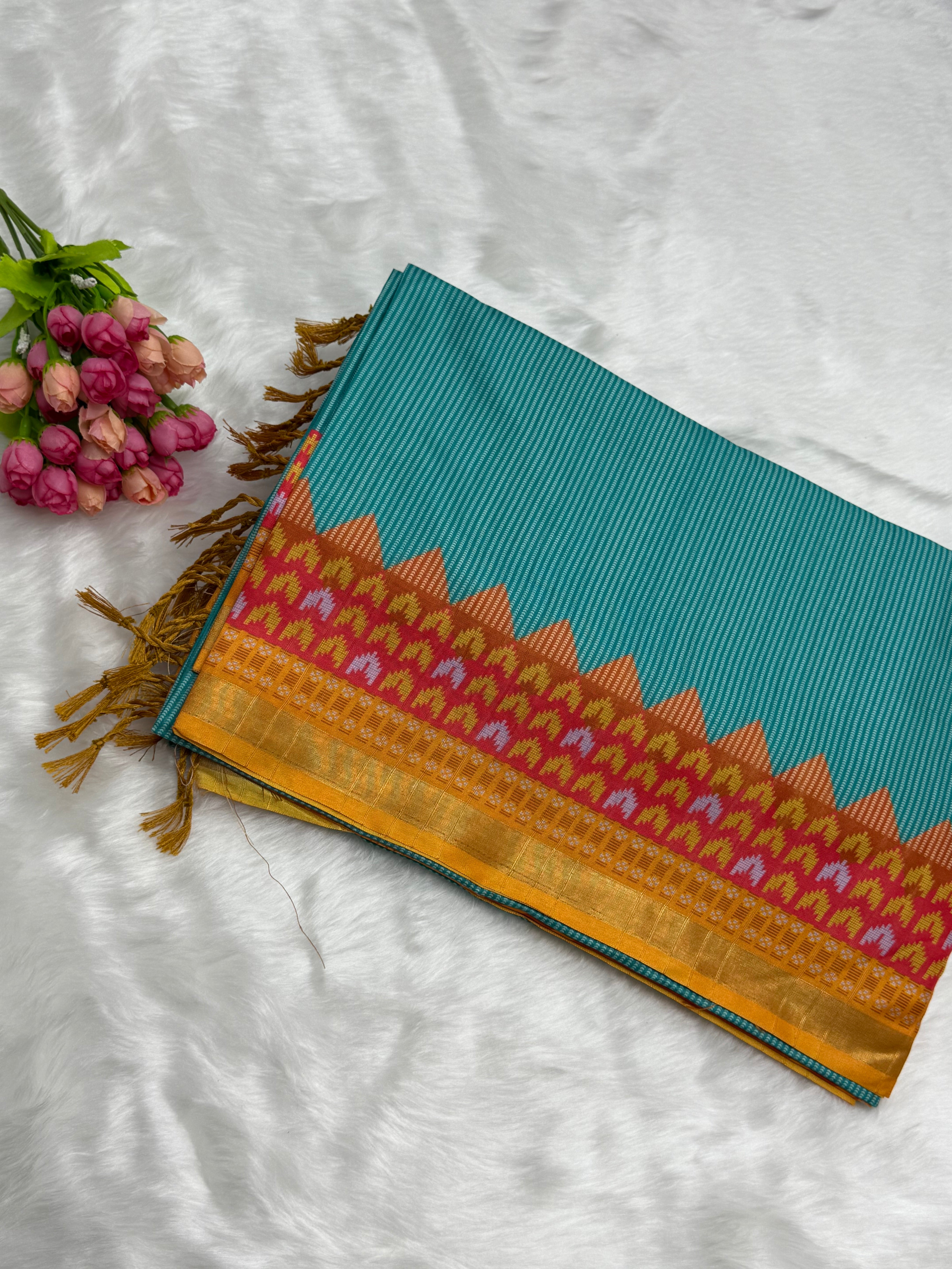 TRADITIONAL DOLLA SAREE WITH CONTRAST IKAT BORDER - SEA BLUE