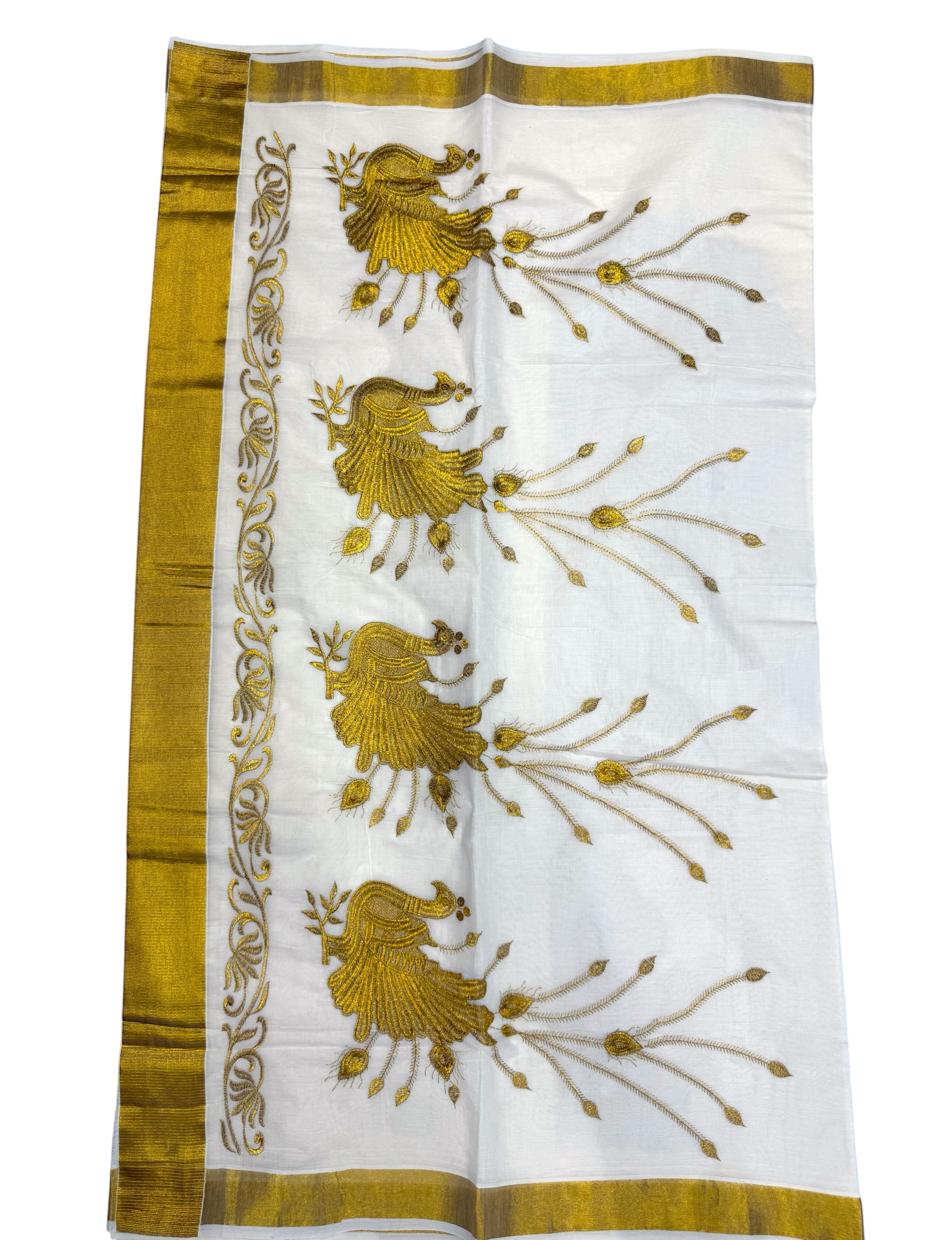 KERALA KASAVU EMBROIDERY COTTON SAREE (BEIGE,GOLD)