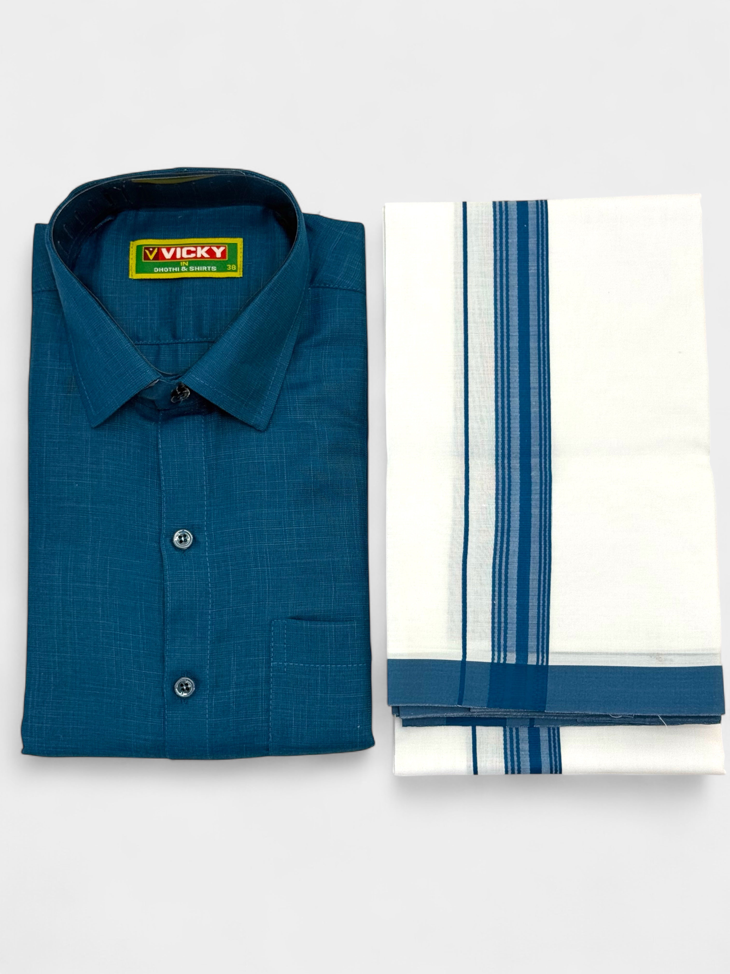 MEN'S MATCHING FANCY BORDER SINGLE DHOTI & SHIRT SET - PRUSSIAN BLUE