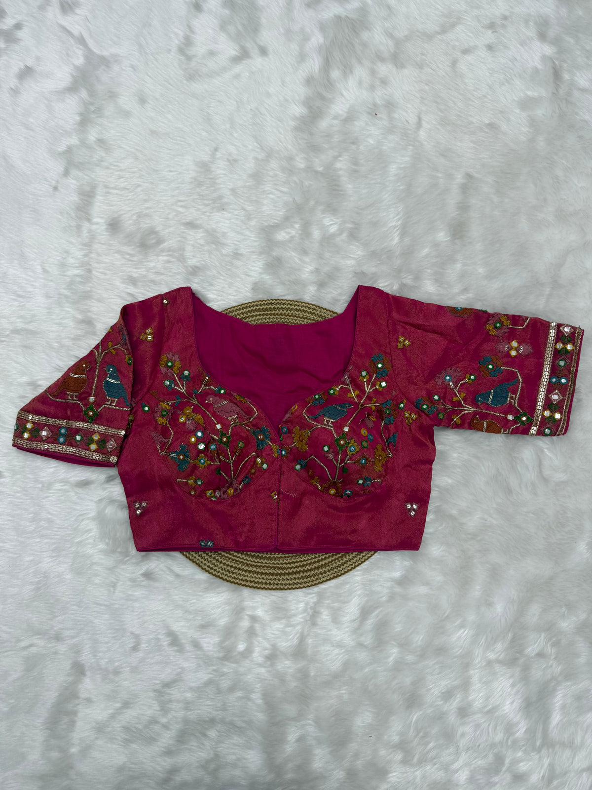 BRIDAL AARI WORK READY TO WEAR SAREE BLOUSE - RUBY PINK