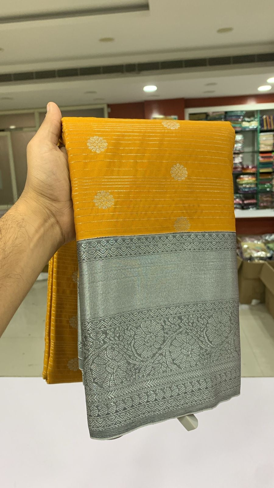 SEMI KANCHI SILK SAREE - MUSTARD & GREY