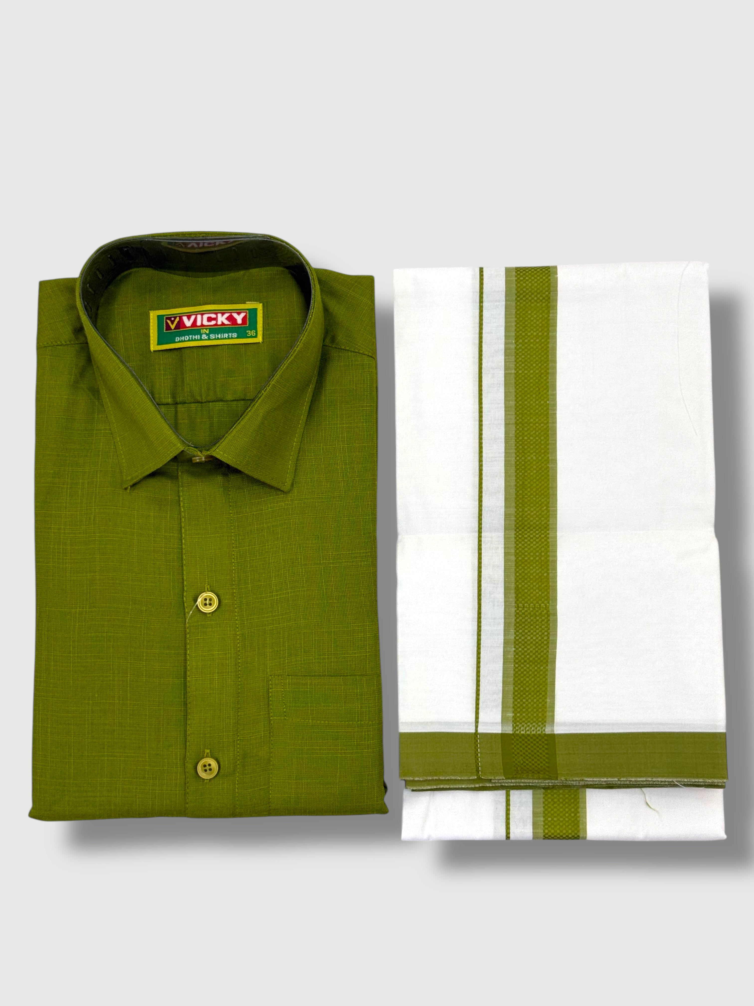 MEN'S MATCHING FANCY BORDER SINGLE DHOTI & SHIRT SET - OLIVE GREEN
